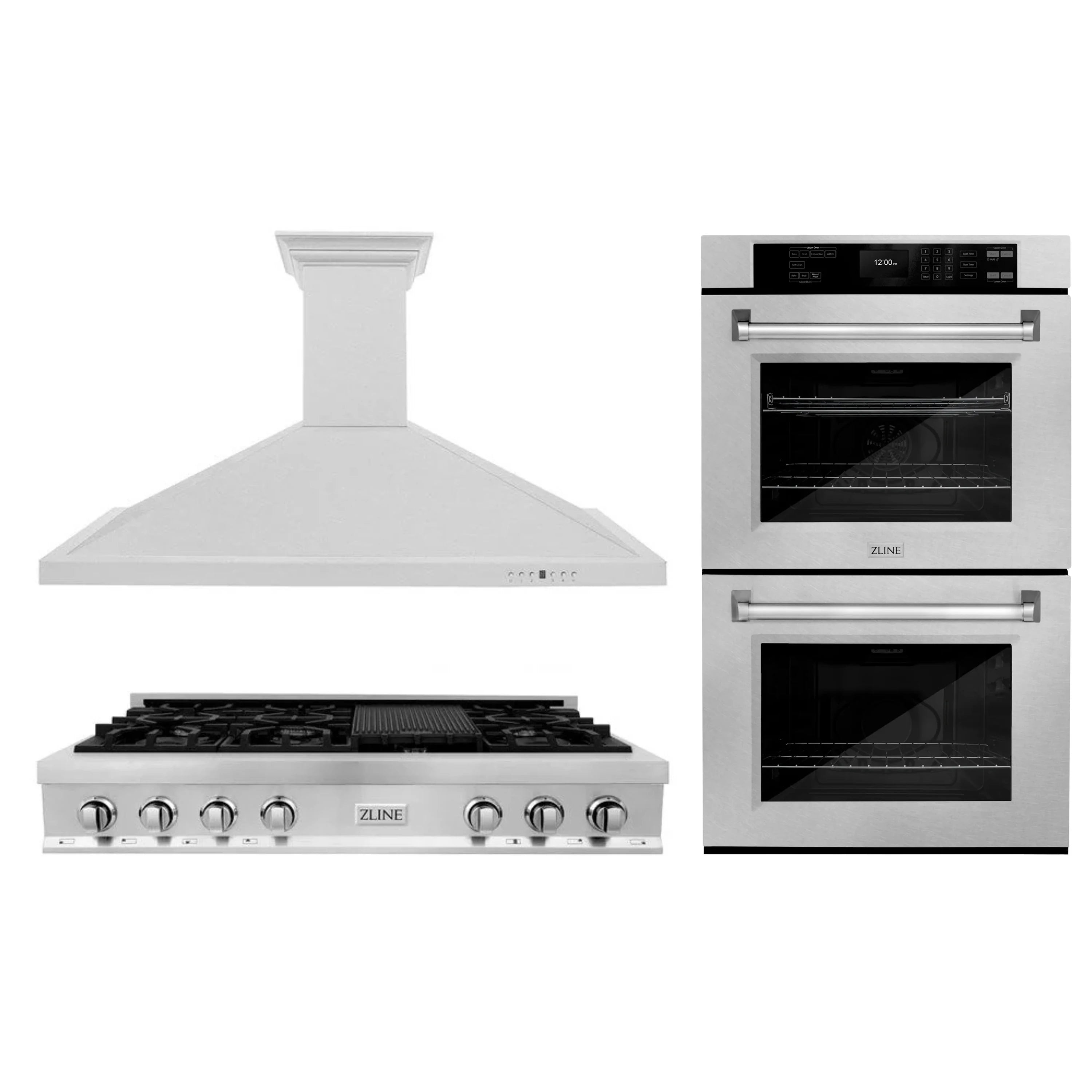 Stainless steel range hood, gas rangetop, and double wall oven set