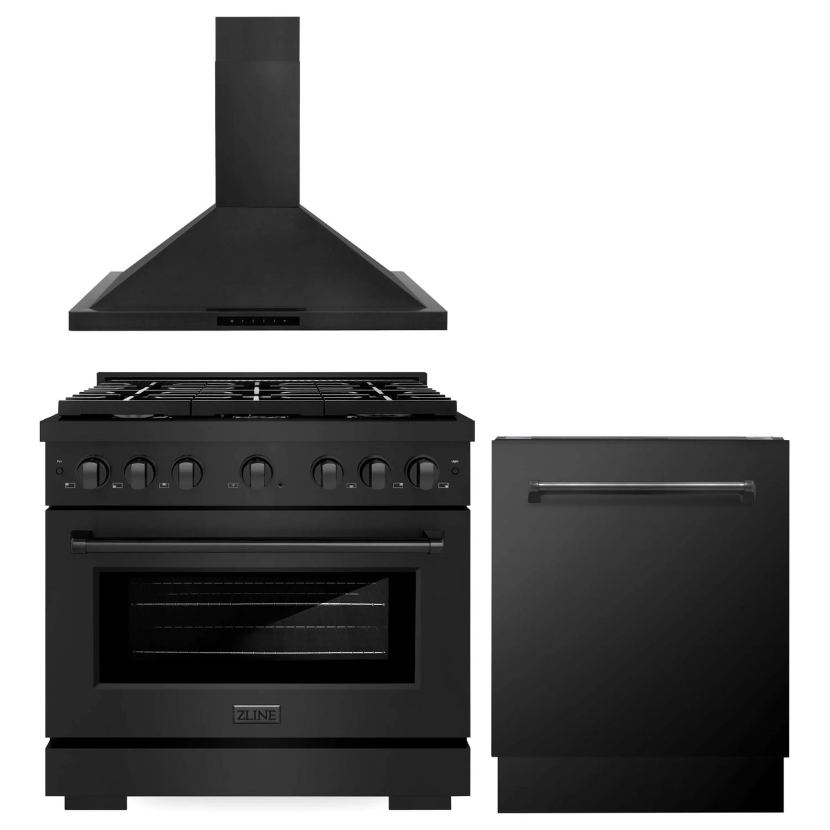 ZLINE 3-Piece Appliance Package - 36-Inch Gas Range, Convertible Wall Mount Hood, and 3-Rack Dishwasher in Black Stainless Steel (3KP-SGRBRH36-DWV)