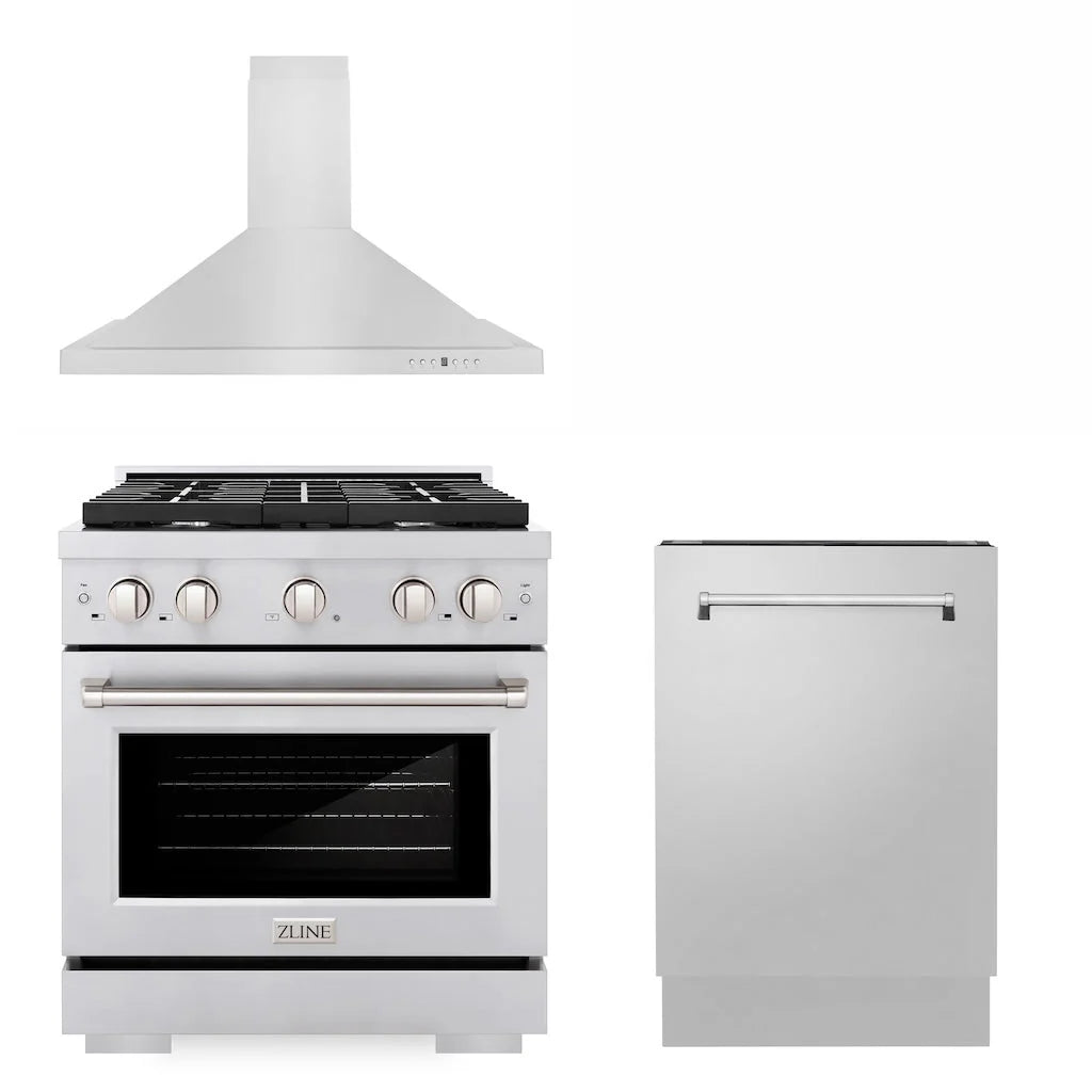 Stainless steel gas range with hood and front dishwasher panel
