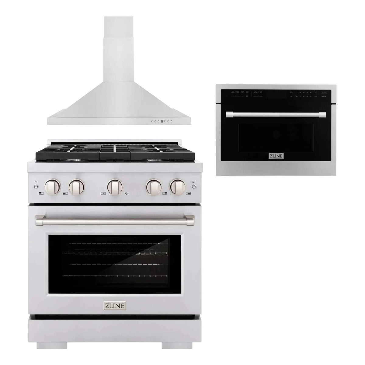 ZLINE 3-Piece Appliance Package - 30-Inch Gas Range, Premium Hood & Microwave Oven in Stainless Steel (3KP-SGRRHMWO-30)