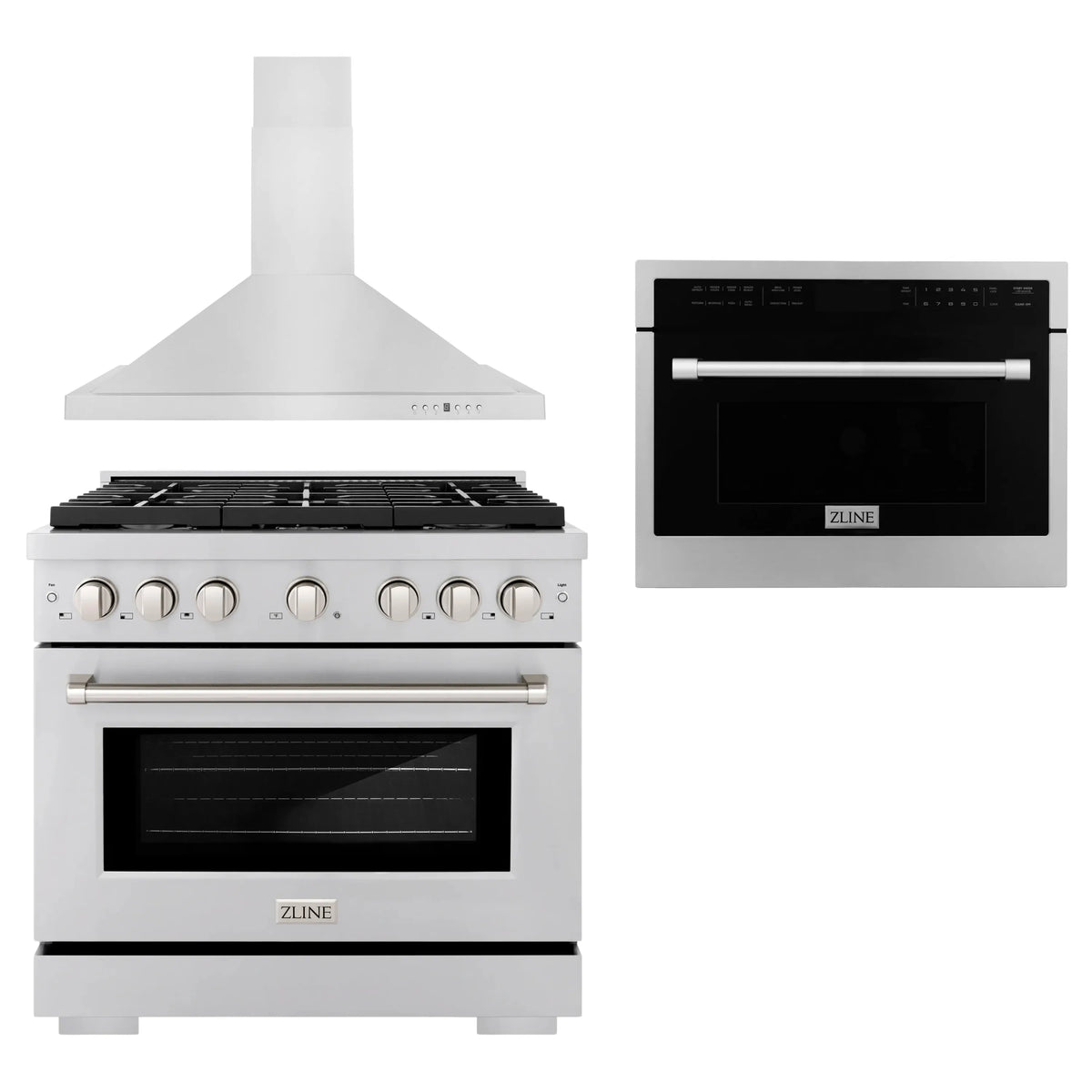ZLINE 3-Piece Appliance Package - 36-Inch Gas Range, Premium Hood & Microwave Oven in Stainless Steel (3KP-SGRRHMWO-36)