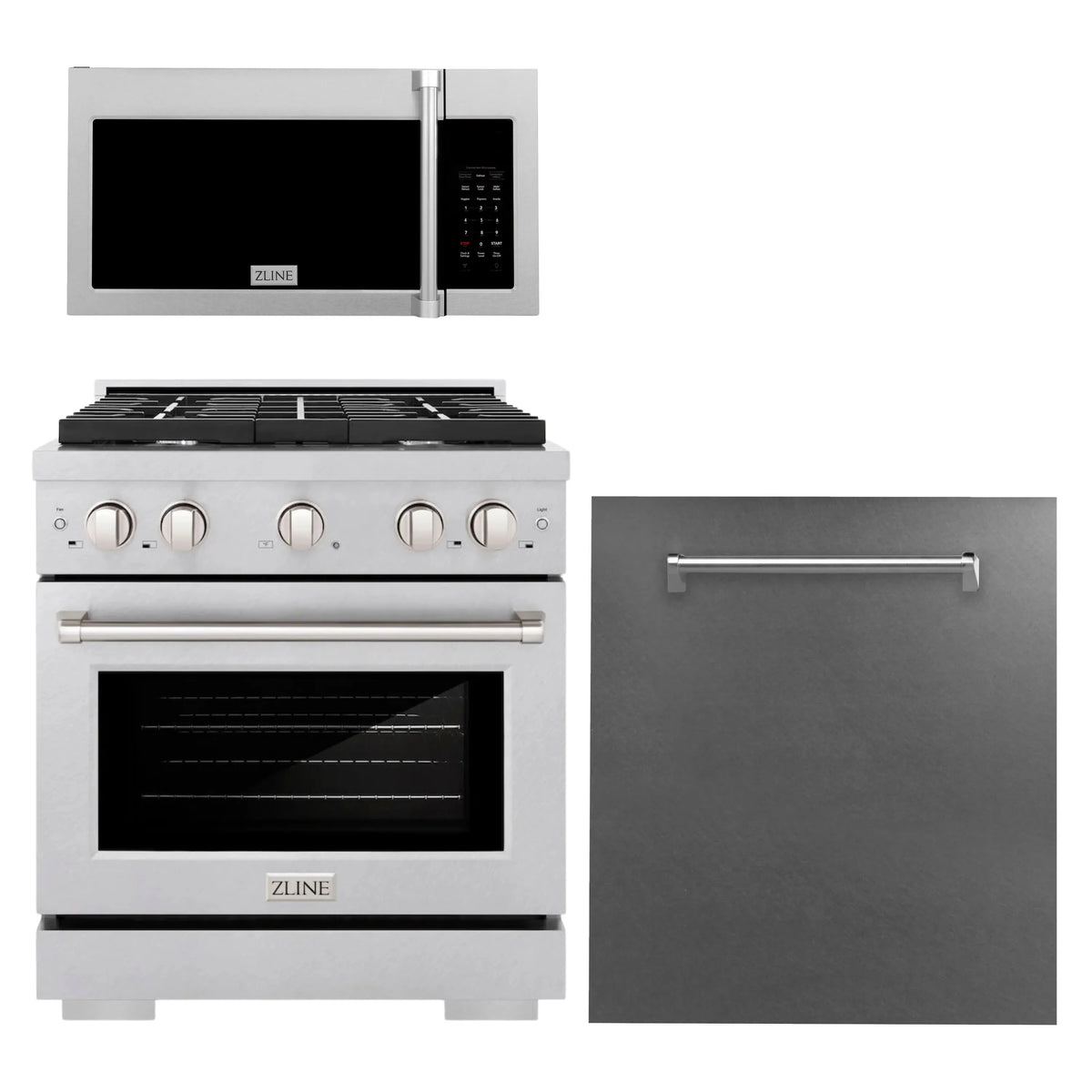 ZLINE 3-Piece Appliance Package - 30-Inch Gas Range, Microwave Oven and Dishwasher in Satin Stainless Steel (3KP-SGRSOTRHDW30)