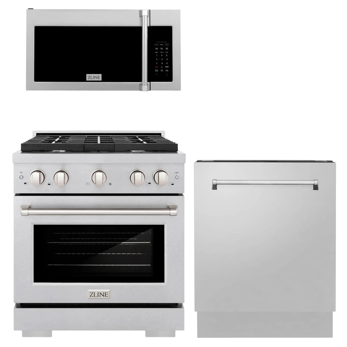 ZLINE 3-Piece Appliance Package - 30-Inch Gas Range, Microwave Oven and Dishwasher in Satin Stainless Steel (3KP-SGRSOTRHDWV30)