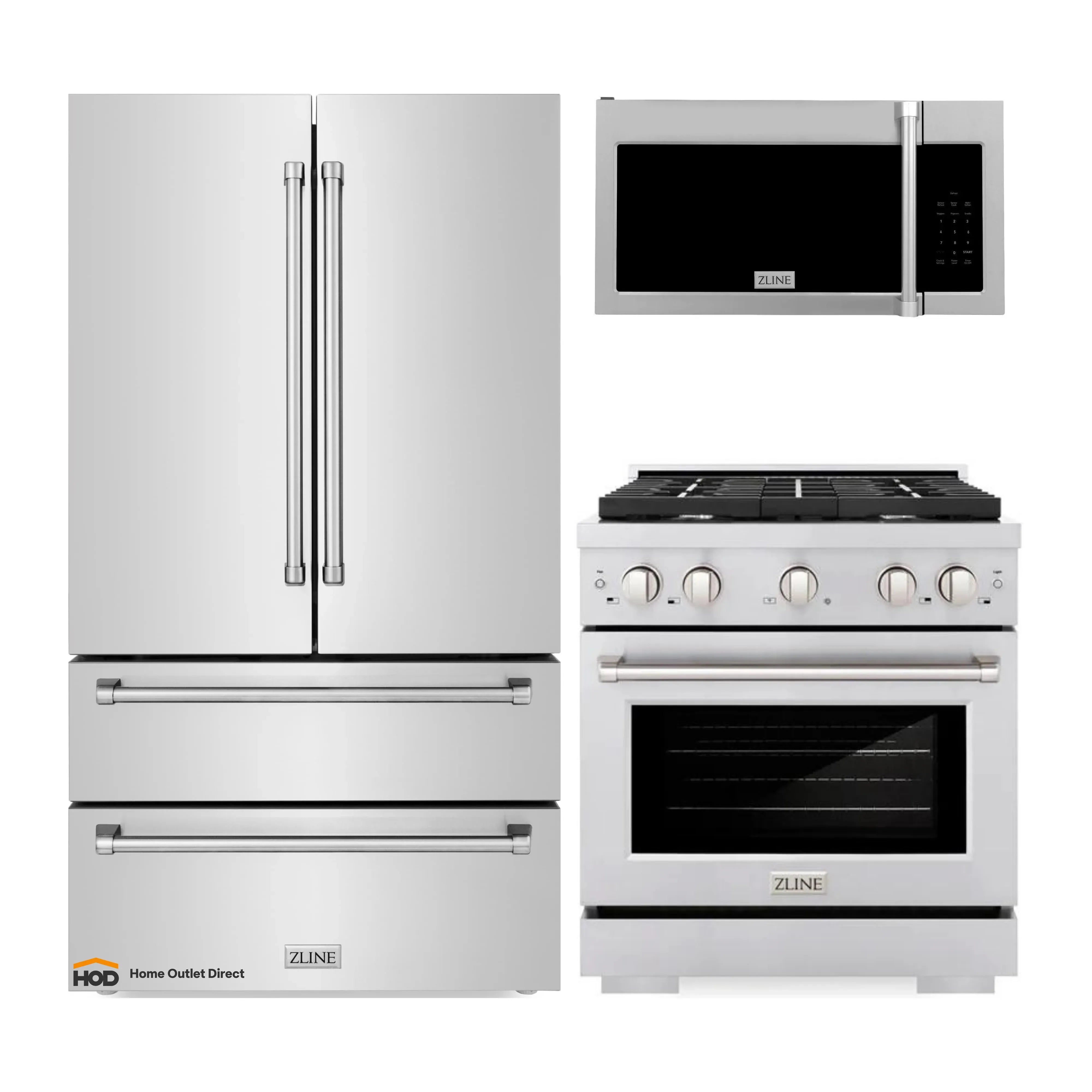 White refrigerator with stainless gas range and over-the-range microwave vent hood
