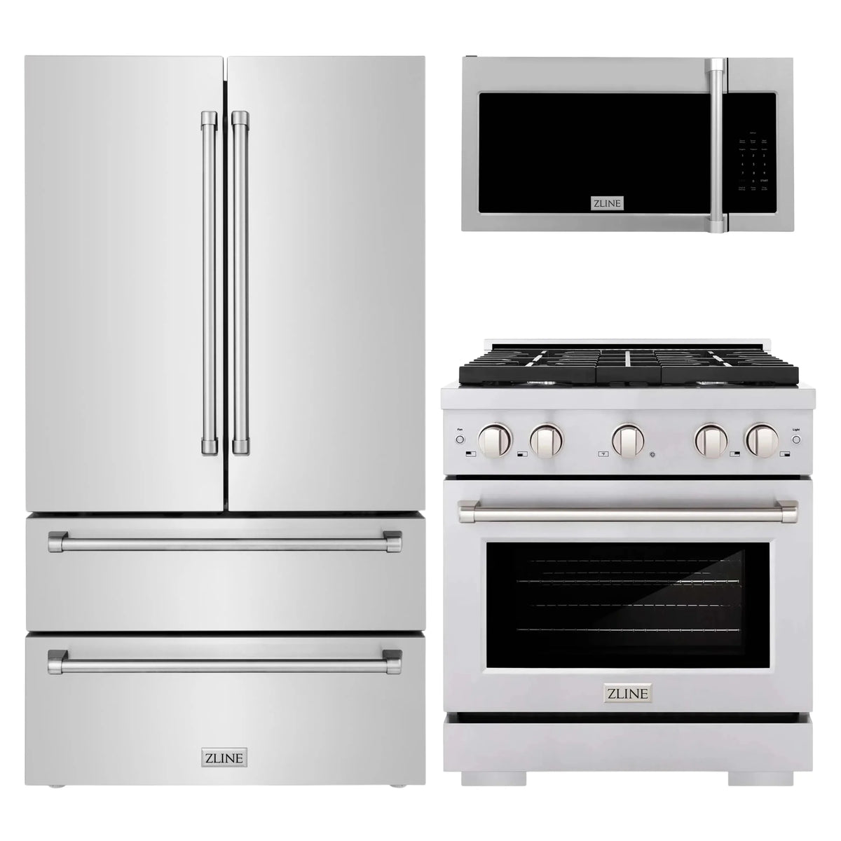 ZLINE 3-Piece Appliance Package - 30-Inch Gas Range, Refrigerator, & Over-the-Range Microwave/Vent Hood Combo (3KPR-SGROTRH30)