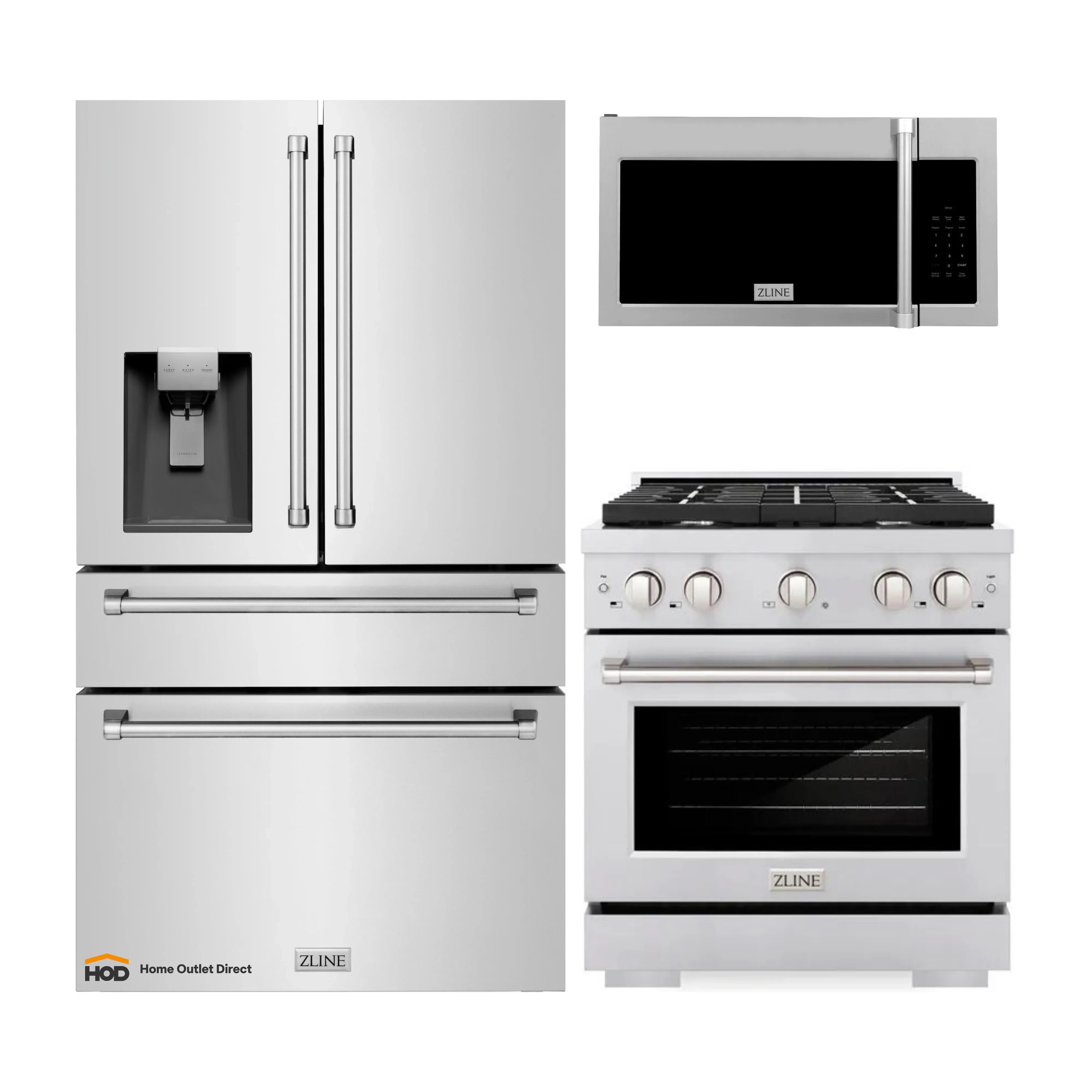 3-piece kitchen appliance package: refrigerator, over-the-range microwave, and gas range