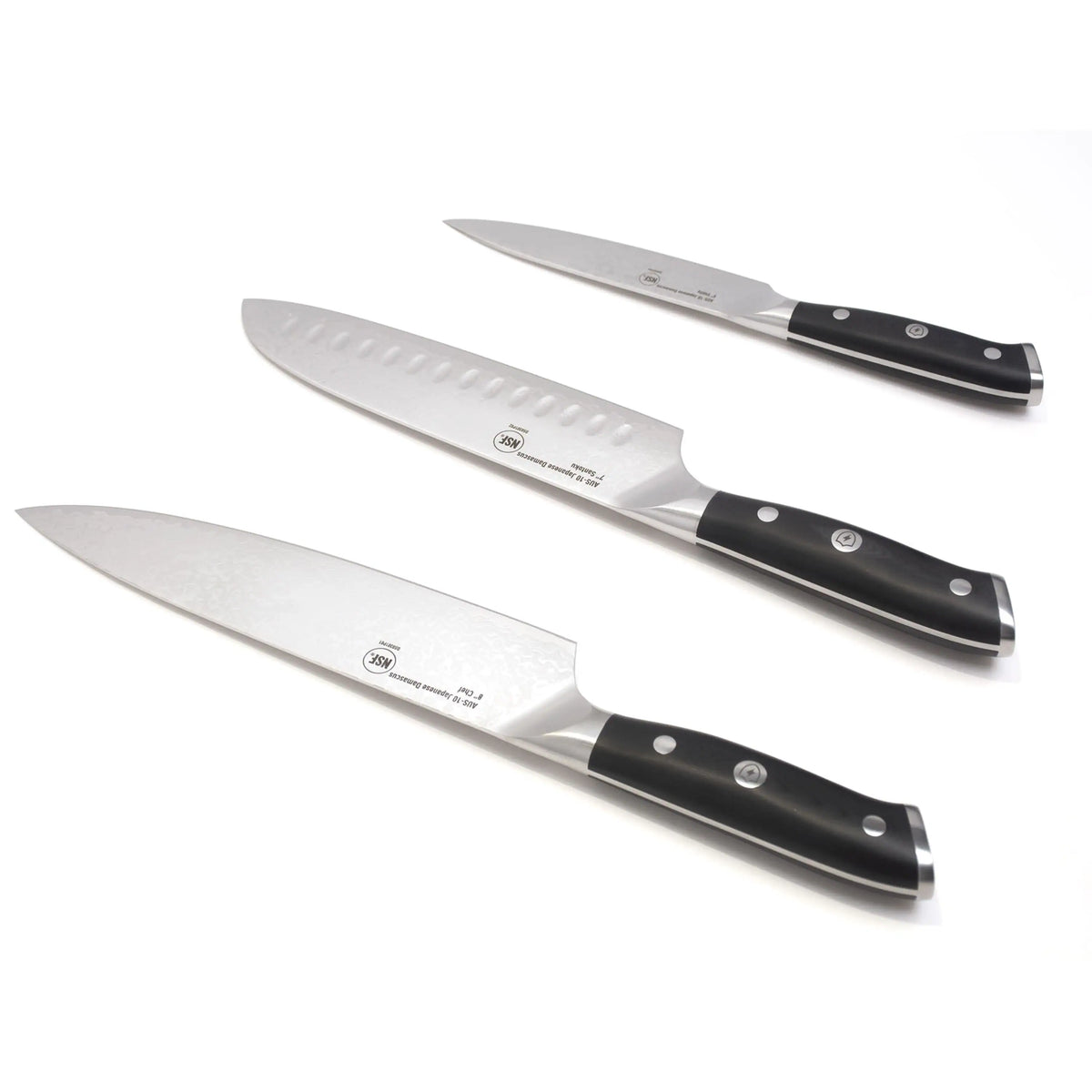 3-piece Damascus kitchen knives, black handles and silver patterned blades