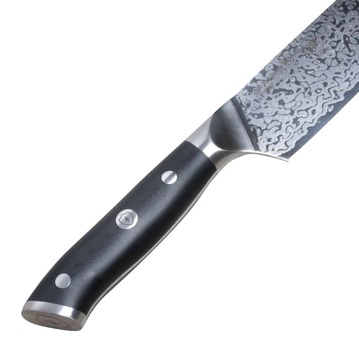 Damascus chef knife with black textured handle and patterned silver blade