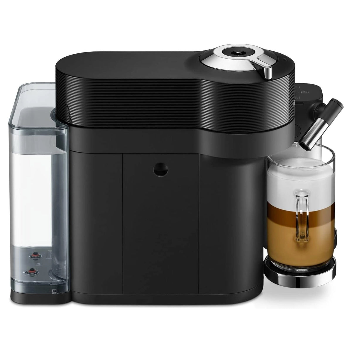 Black capsule coffee machine with milk carafe and frothing spout
