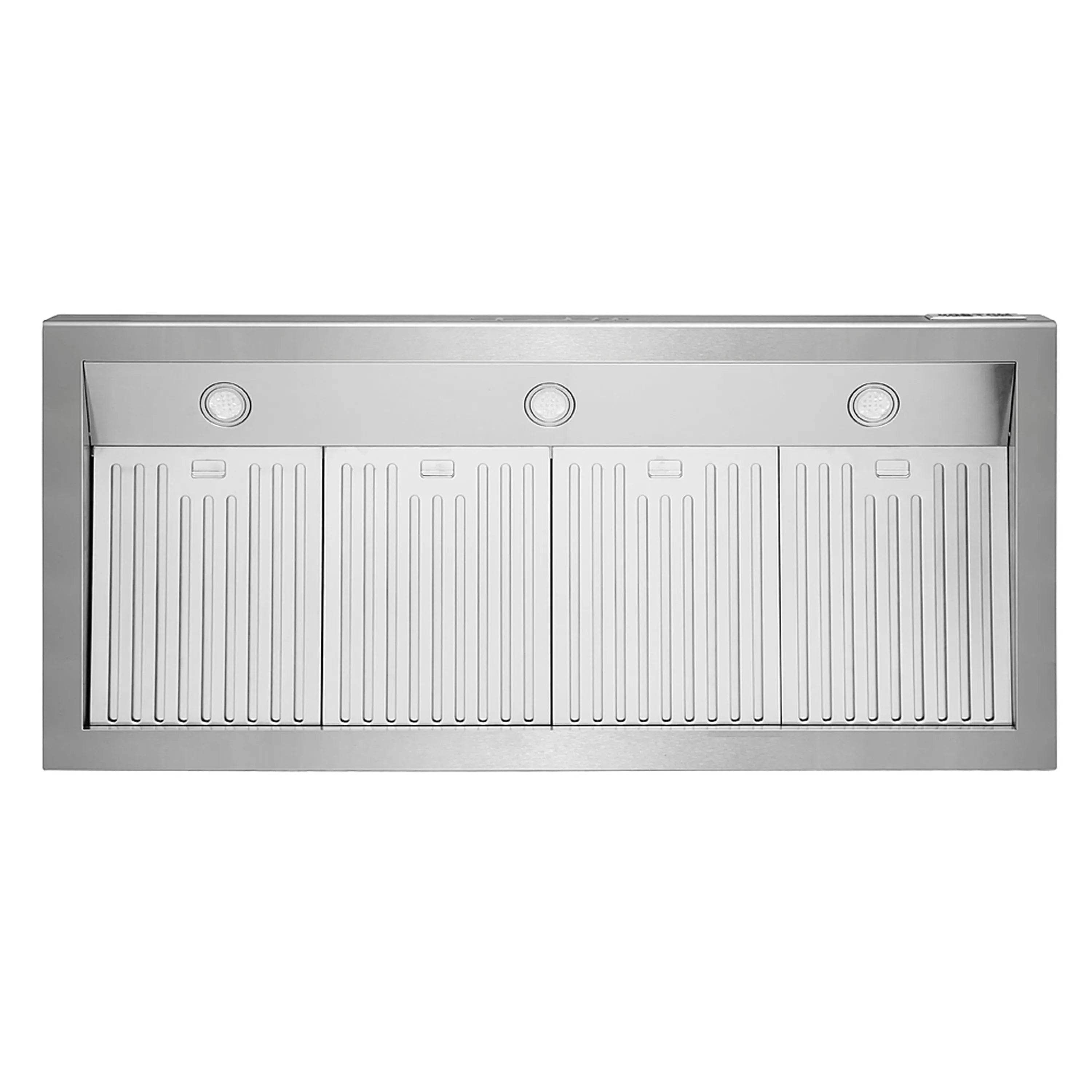 Stainless steel 48-inch range hood front with vented grille and circular knobs