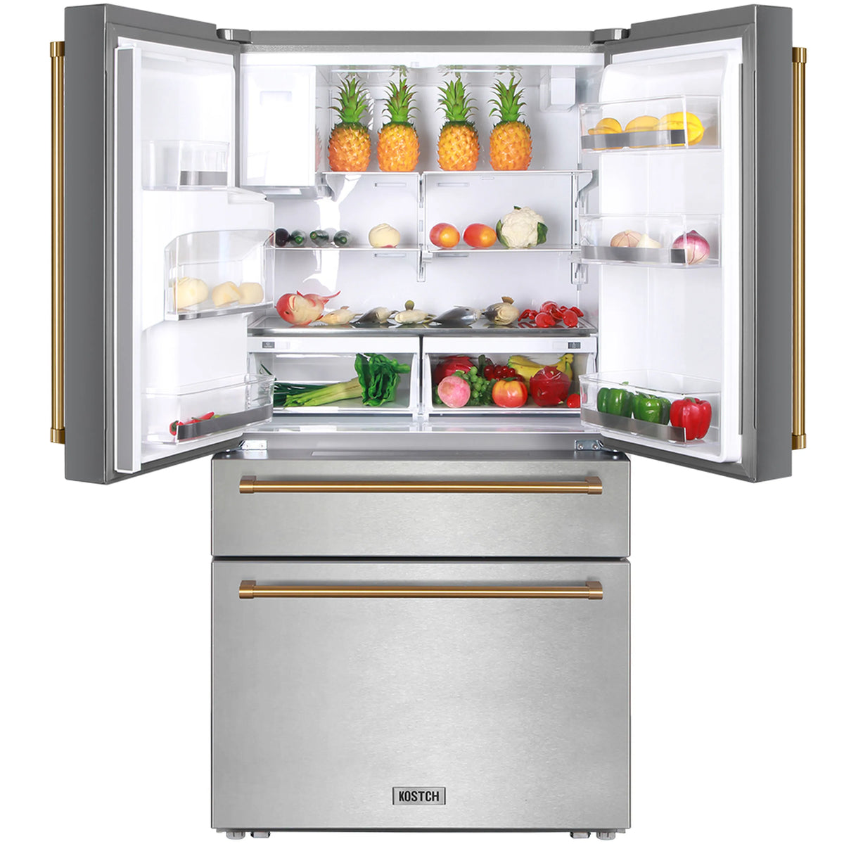 Stainless steel counter-depth refrigerator with open door, bronze handles, interior shelves