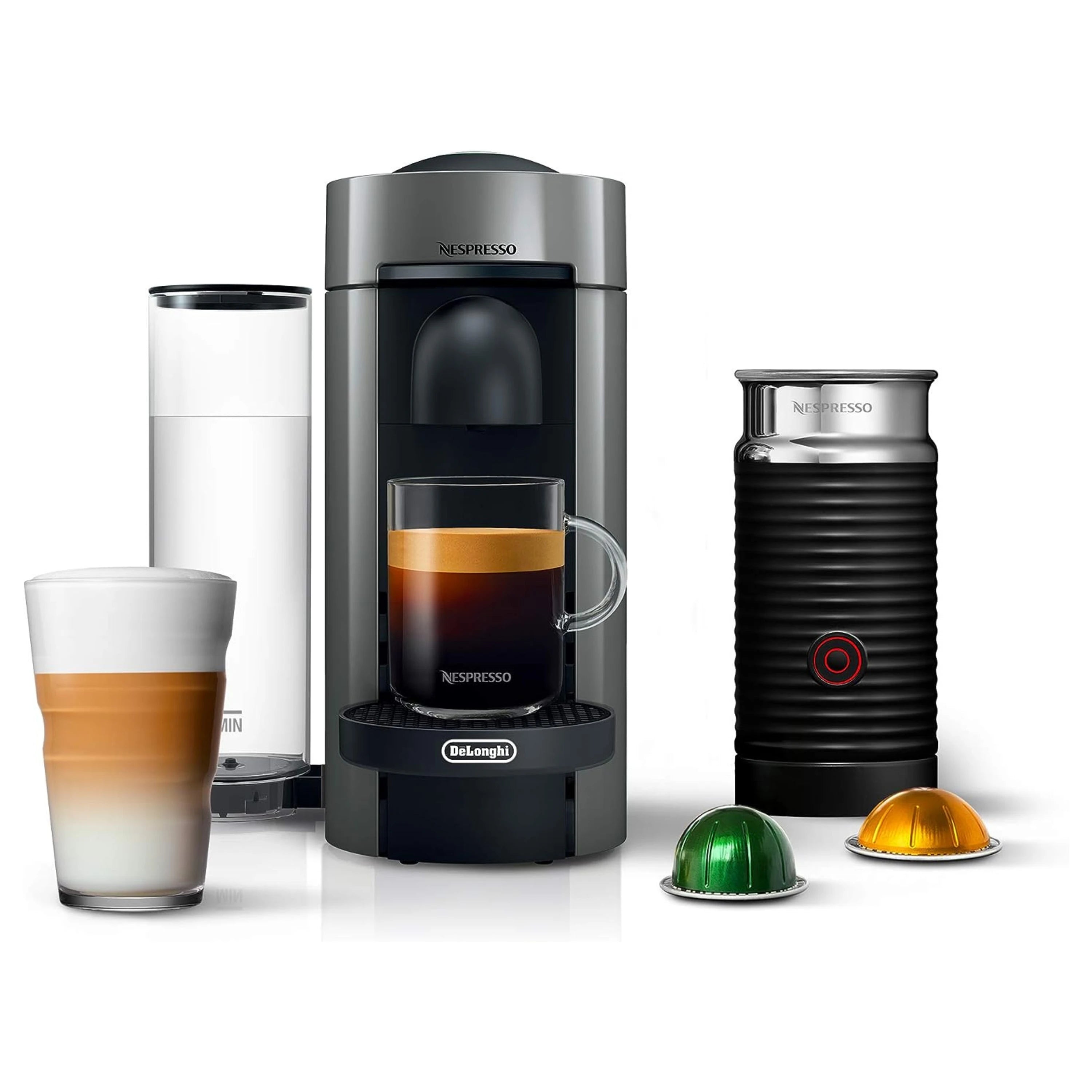 Black and gray Nespresso VertuoPlus machine with Aeroccino frother, cups and capsules