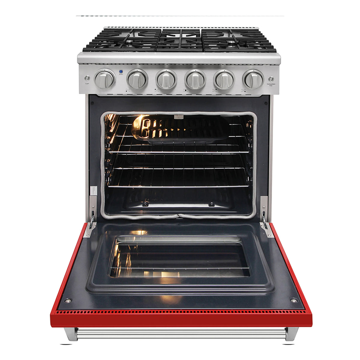 Red 30-inch gas range with open oven door showing convection bake area