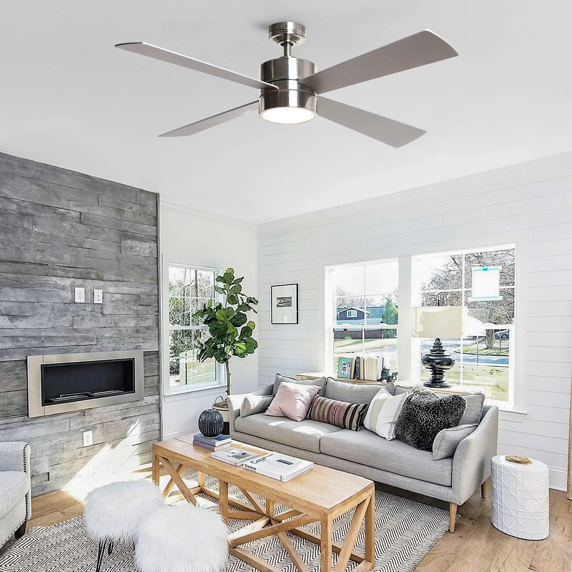 Chrome industrial ceiling fan with 5 blades and integrated LED light