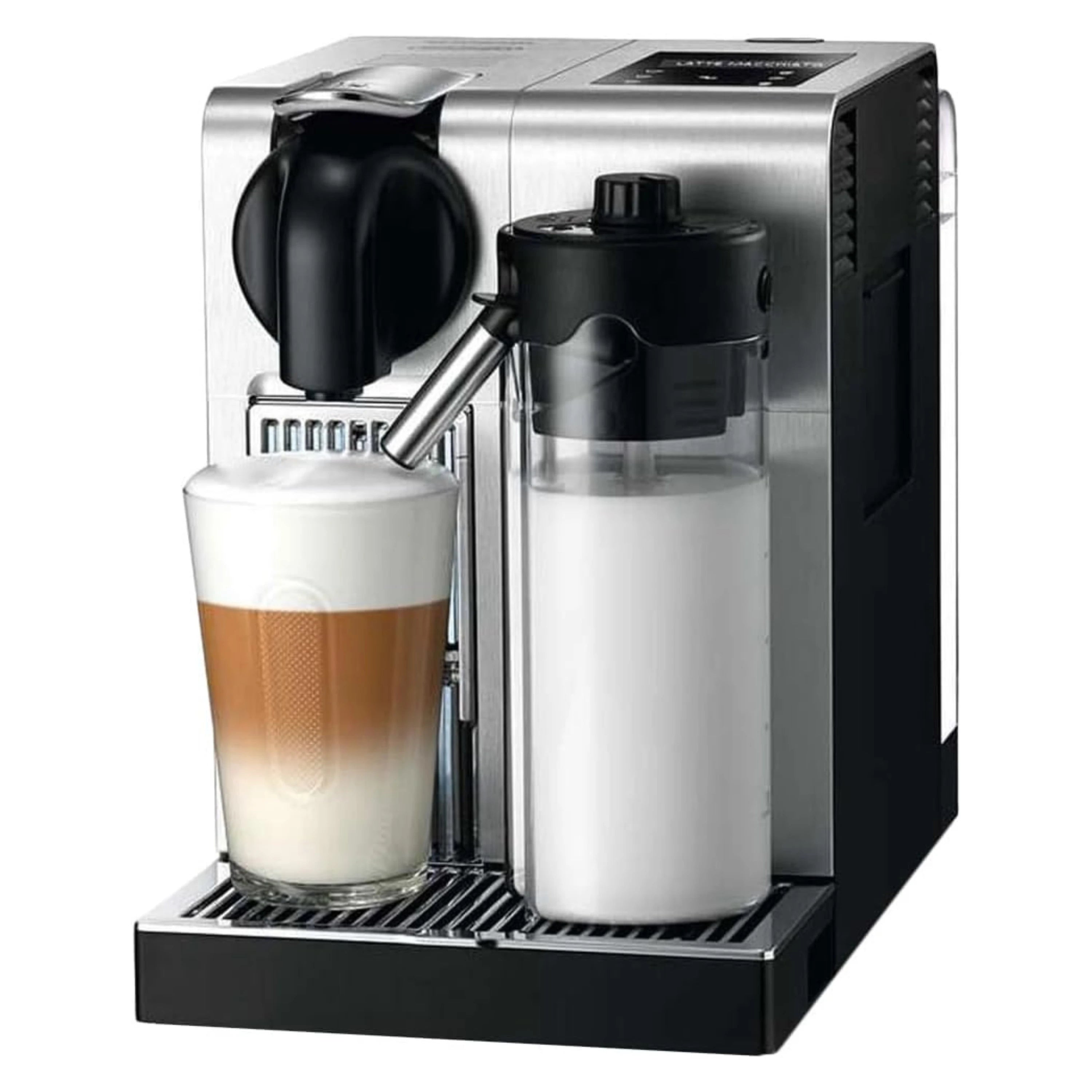 Brushed aluminum and black espresso machine with cup under spout and milk frother