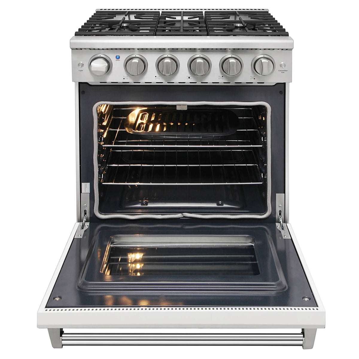 White gas range with oven door open, lit convection oven and visible burner grates