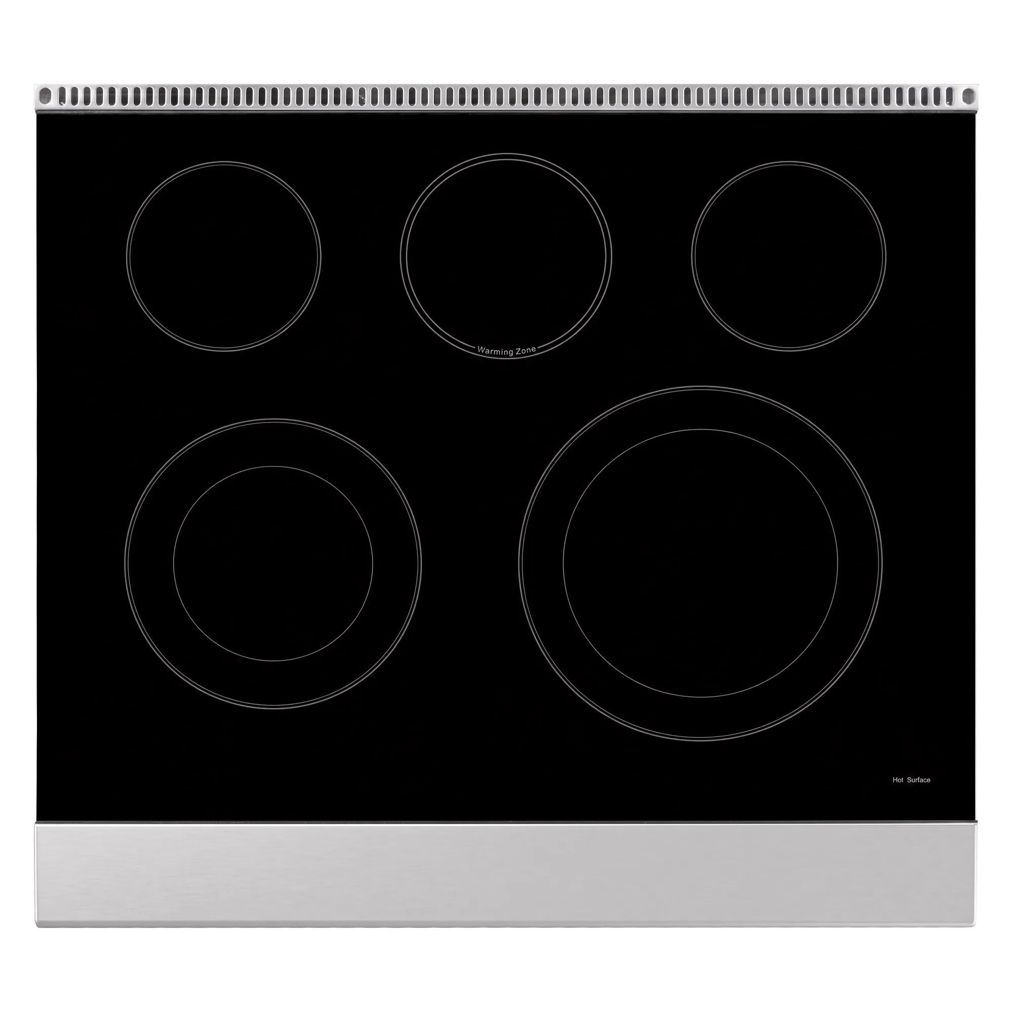 Black electric cooktop with five coil burner circles and smooth glass surface