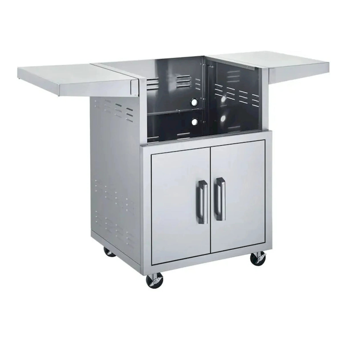 Stainless steel grill cart with cabinet doors, open side panels, and shelves