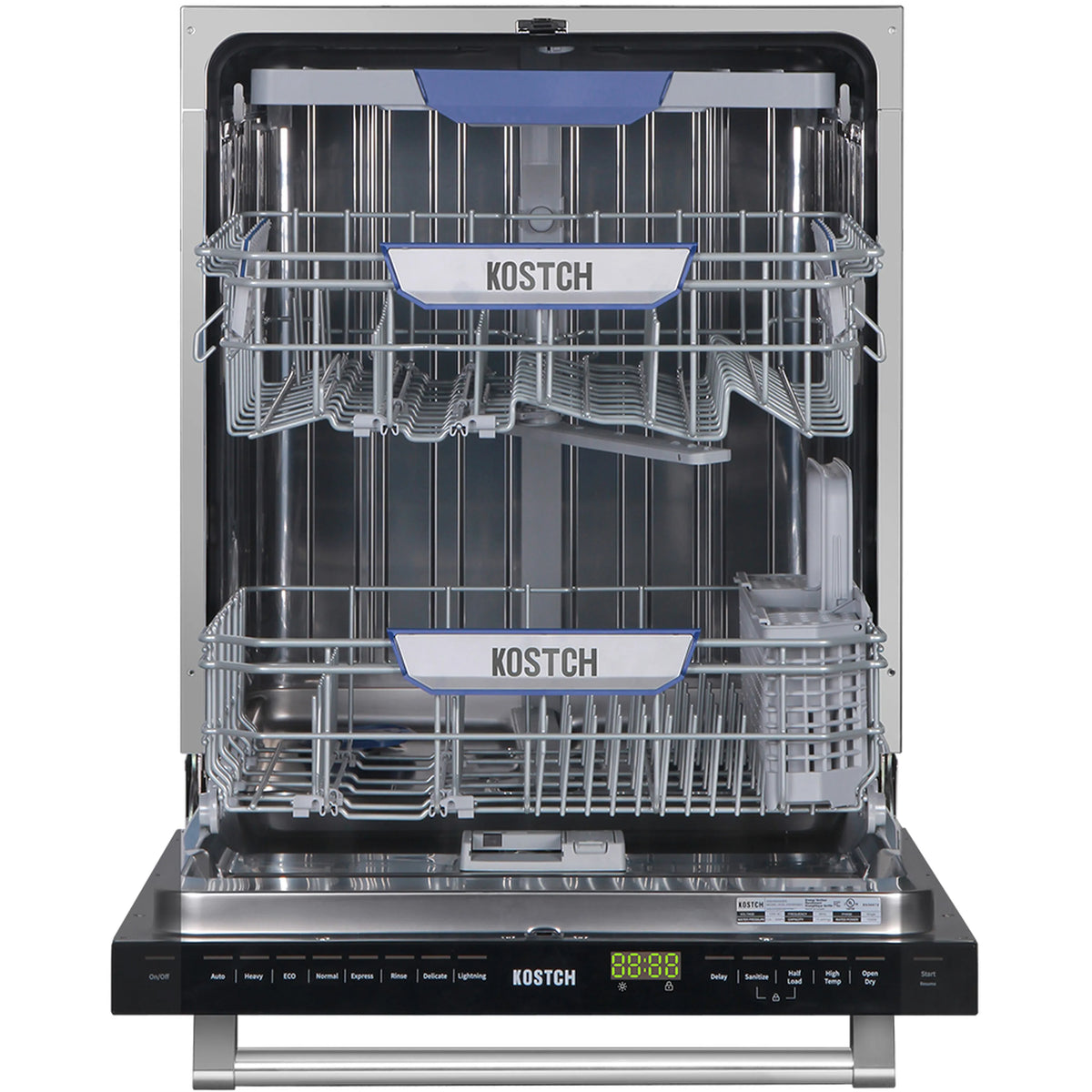 Built-in top control dishwasher with open stainless racks and blue-tinted control panel