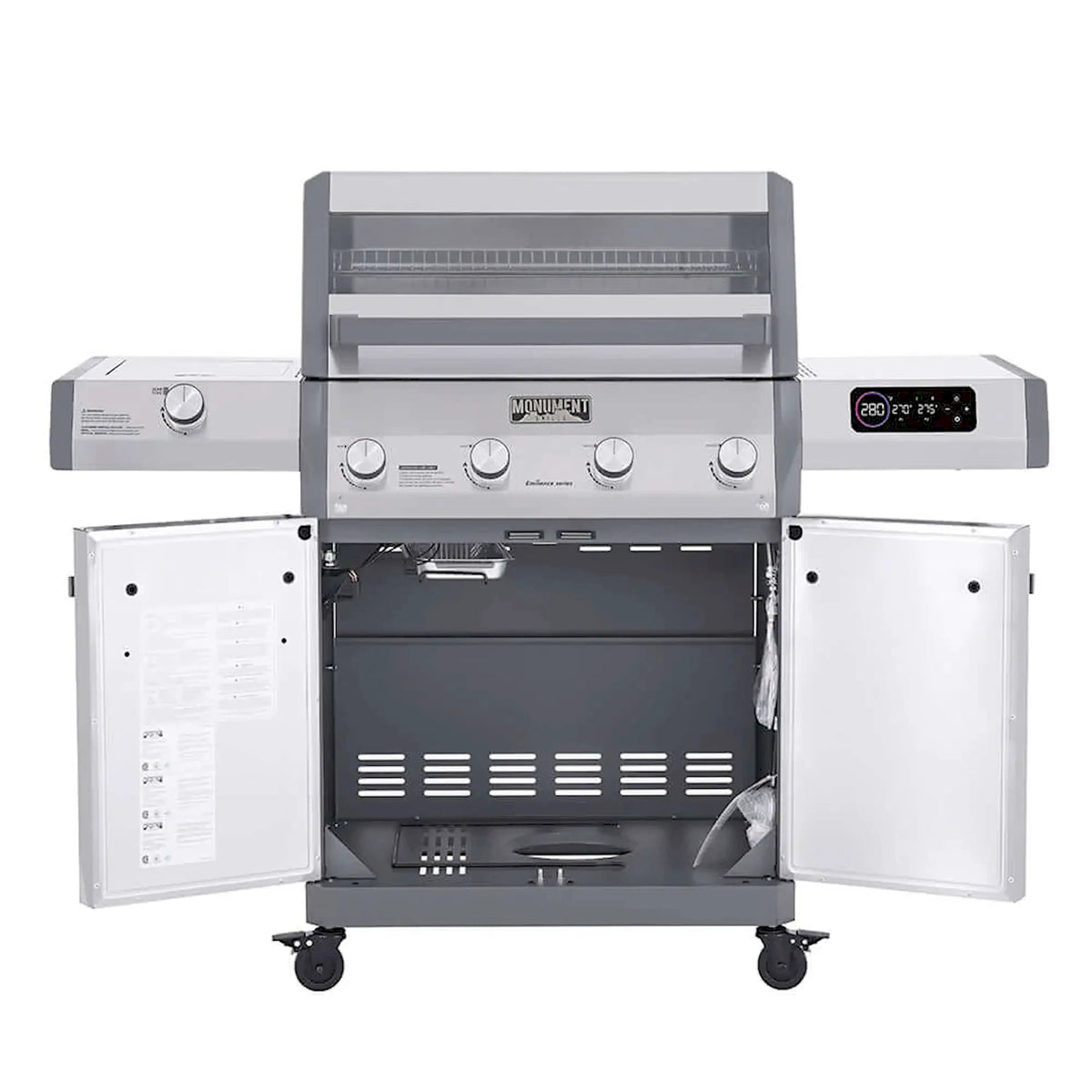 4-burner stainless steel propane grill with side cabinet doors and control knobs