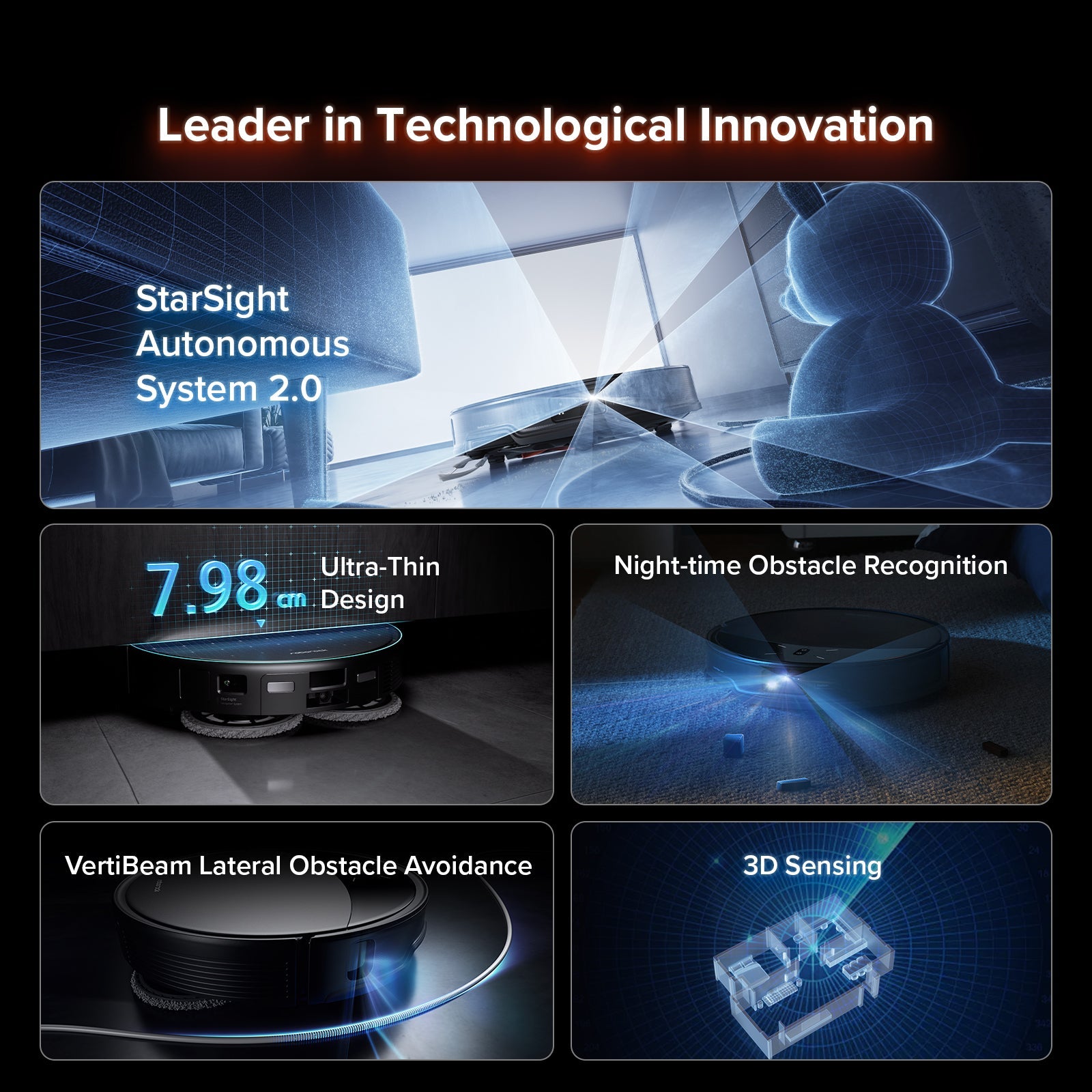 Black ultra-thin Roborock robot vacuum with obstacle-sensing light path graphics