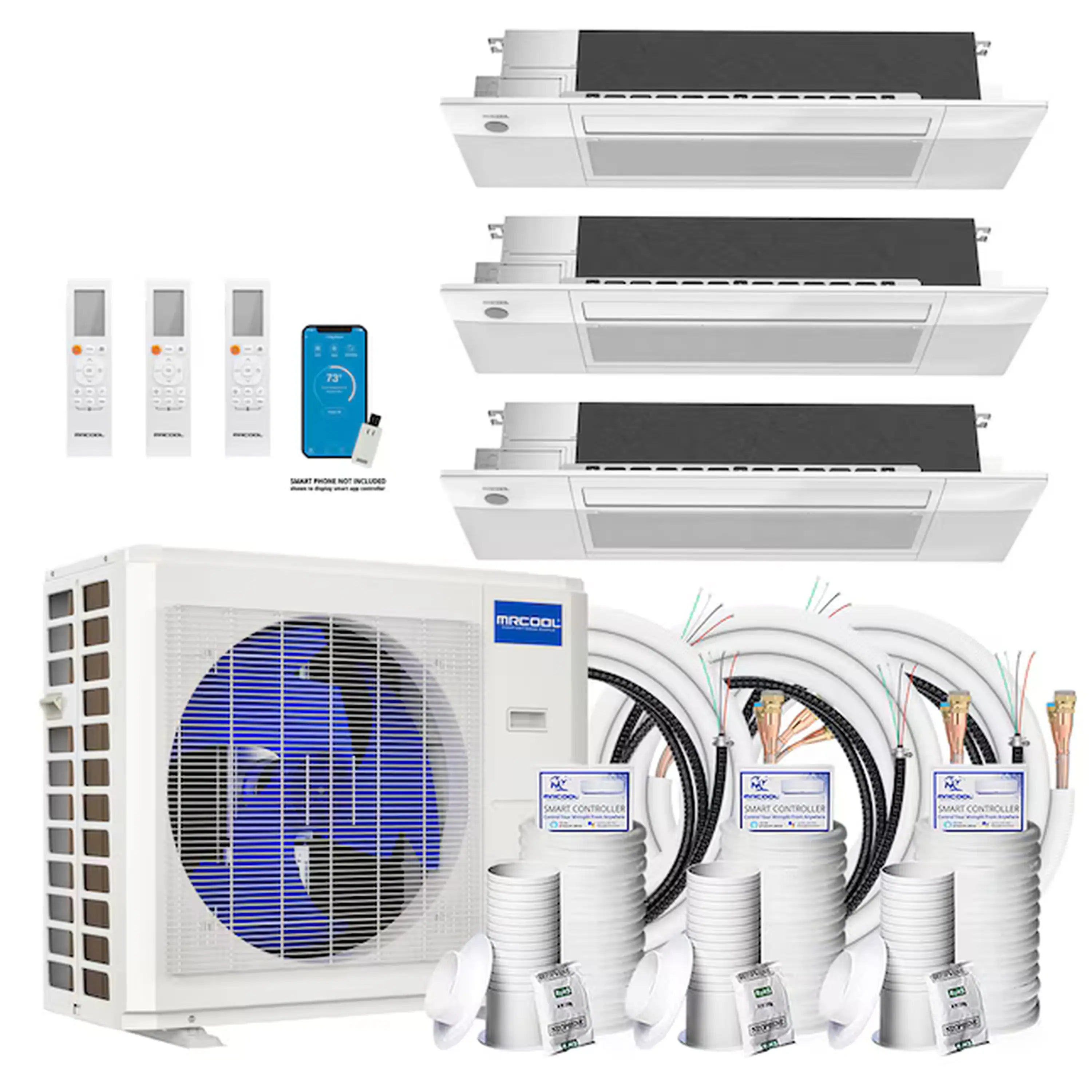 3-zone ductless mini split set with three ceiling cassettes, outdoor unit, and line sets