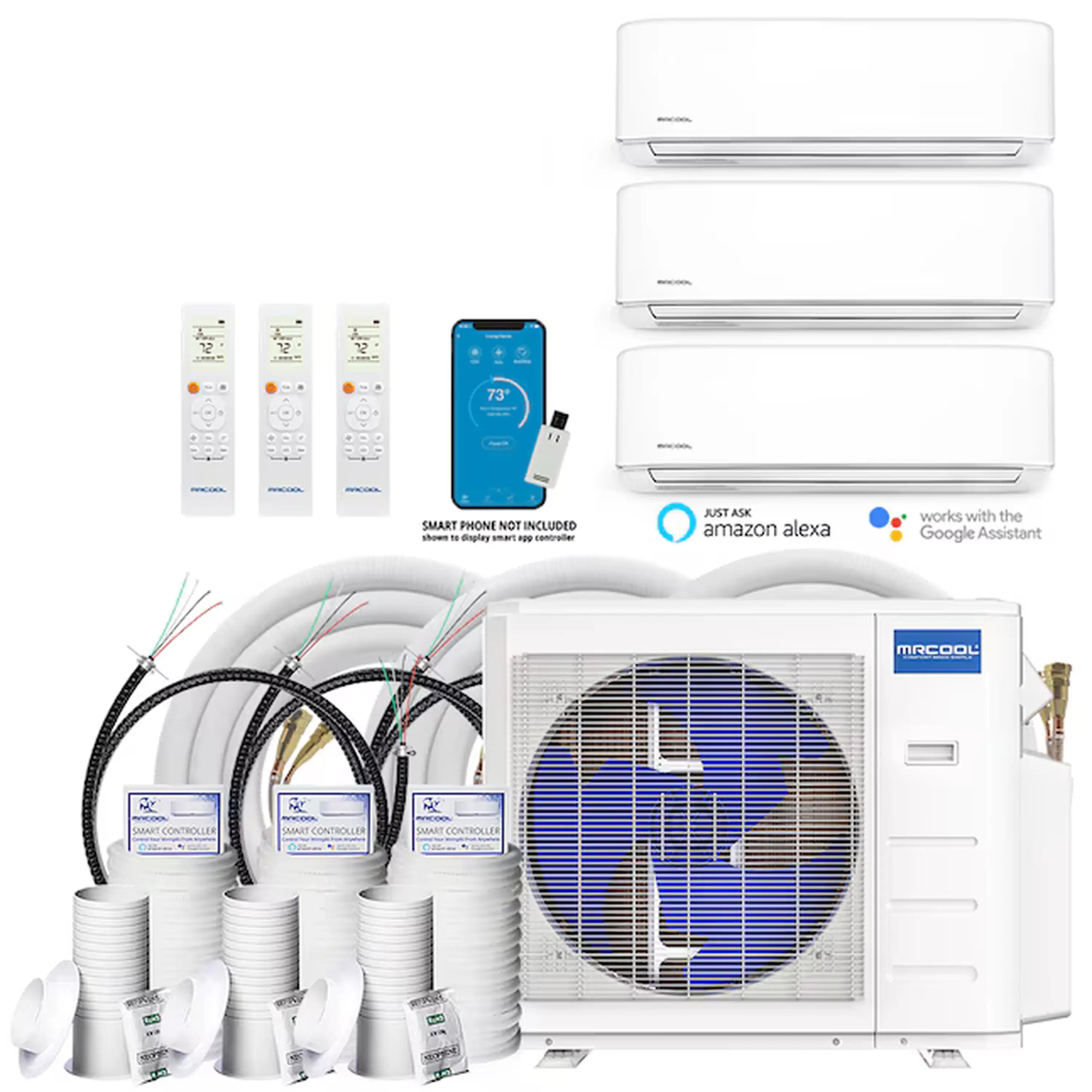 White ductless mini split heat pump system kit with wall indoor units, remote, and outdoor unit