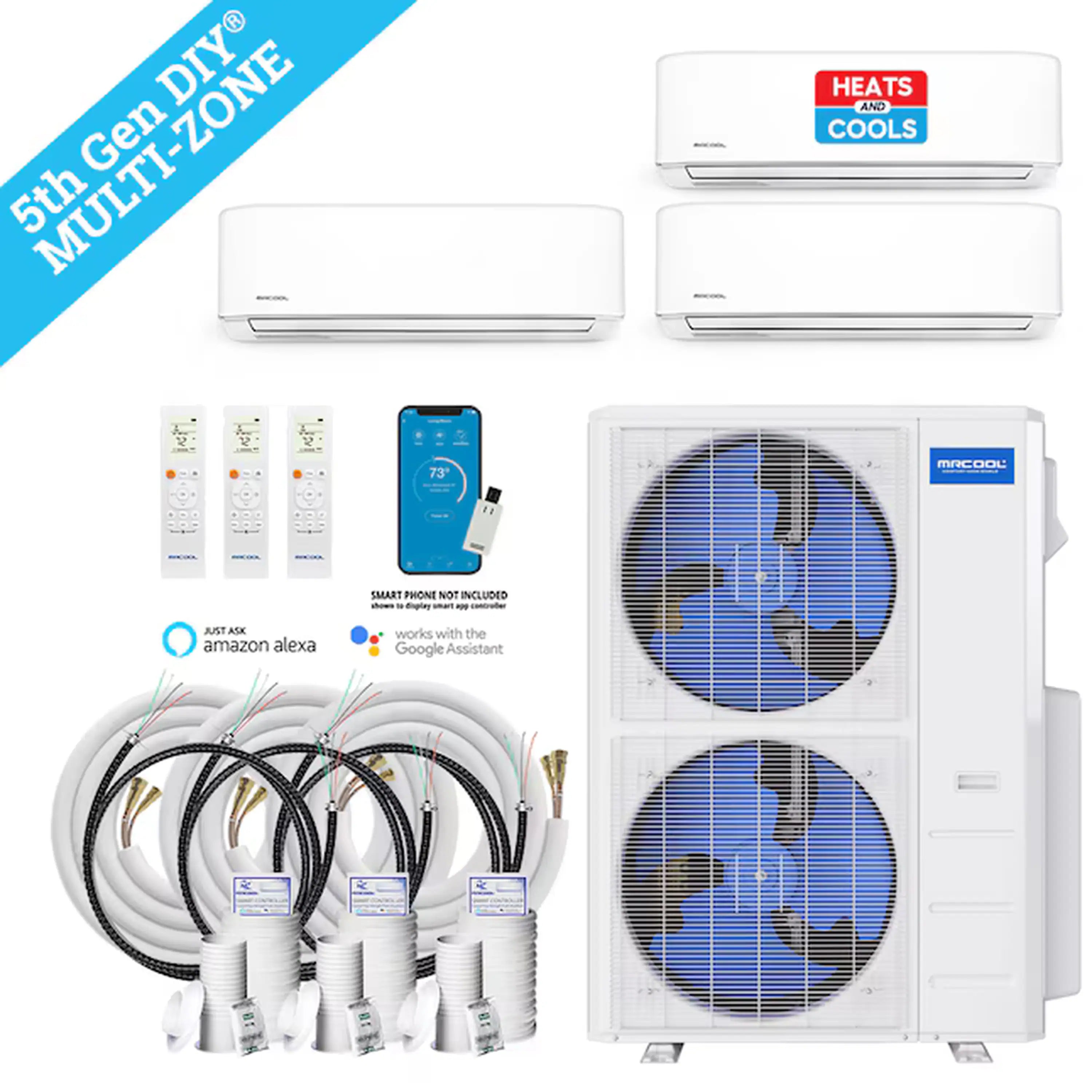 Ductless mini split kit with three white wall-mounted indoor units, outdoor unit, and line set