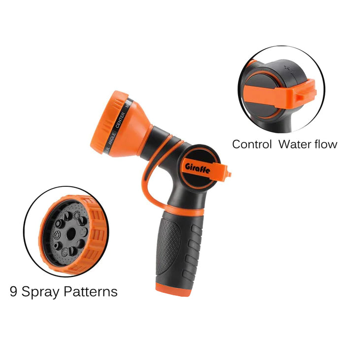 Garden hose nozzle with 9 spray patterns and thumb-flow control, angled view