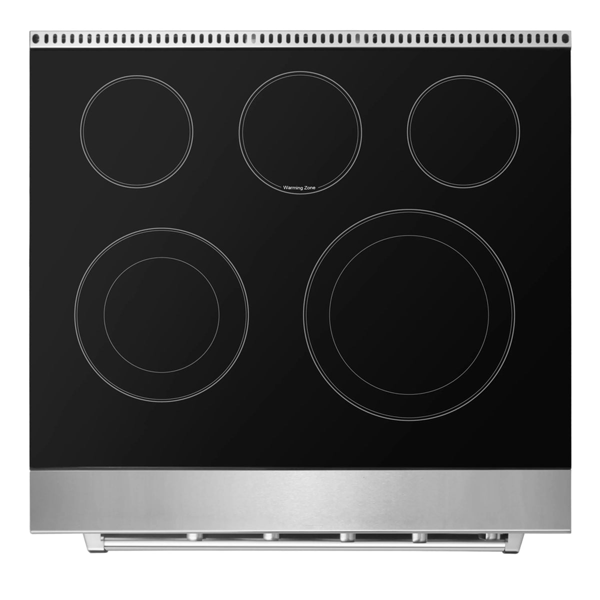 Black glass cooktop with five circular radiant elements and silver control panel