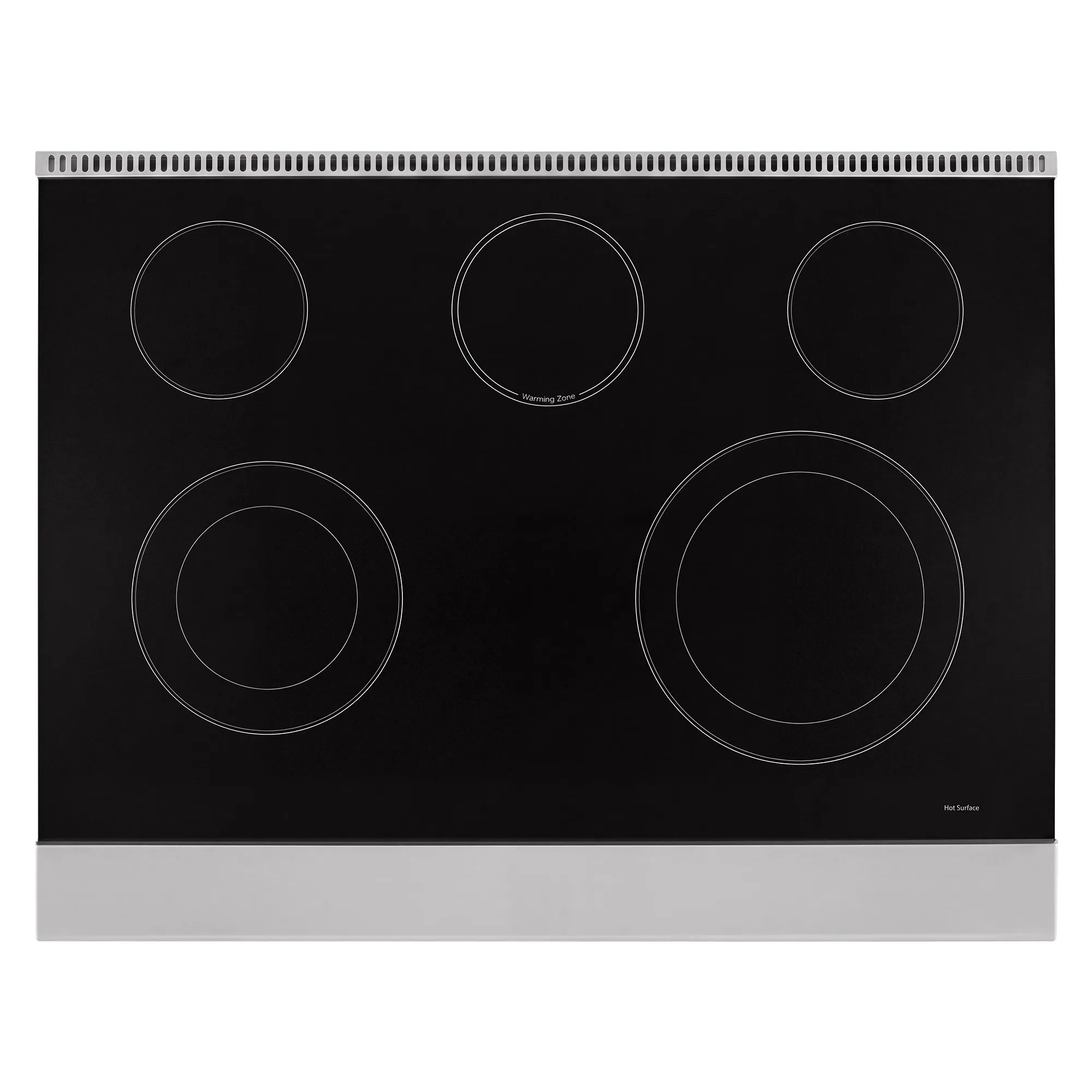 Black electric cooktop with five circular coil elements and metal control knob area