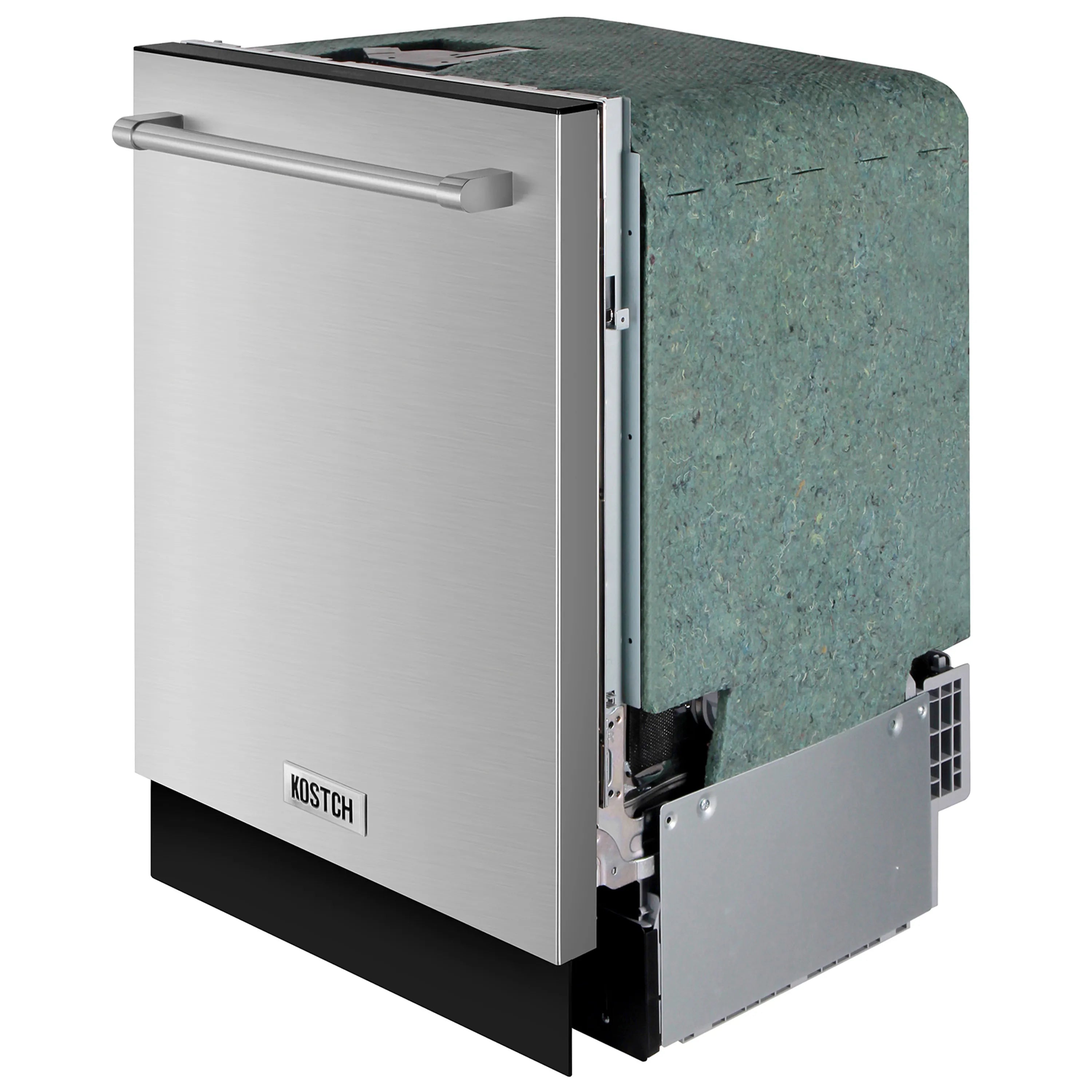 Stainless steel dishwasher with door open, showing interior foam insulation