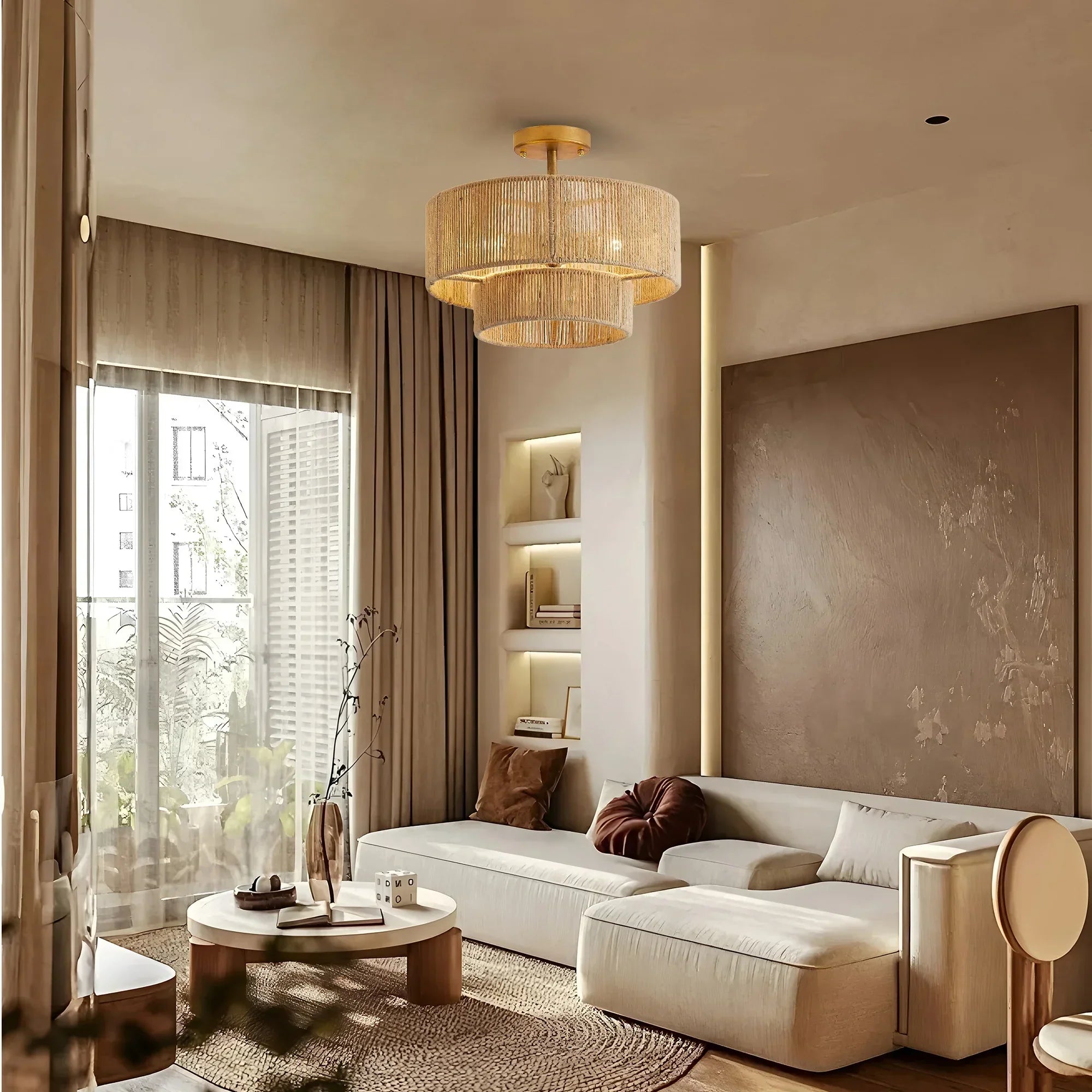 Golden 3-light flush mount with woven fabric drum shades and round canopy