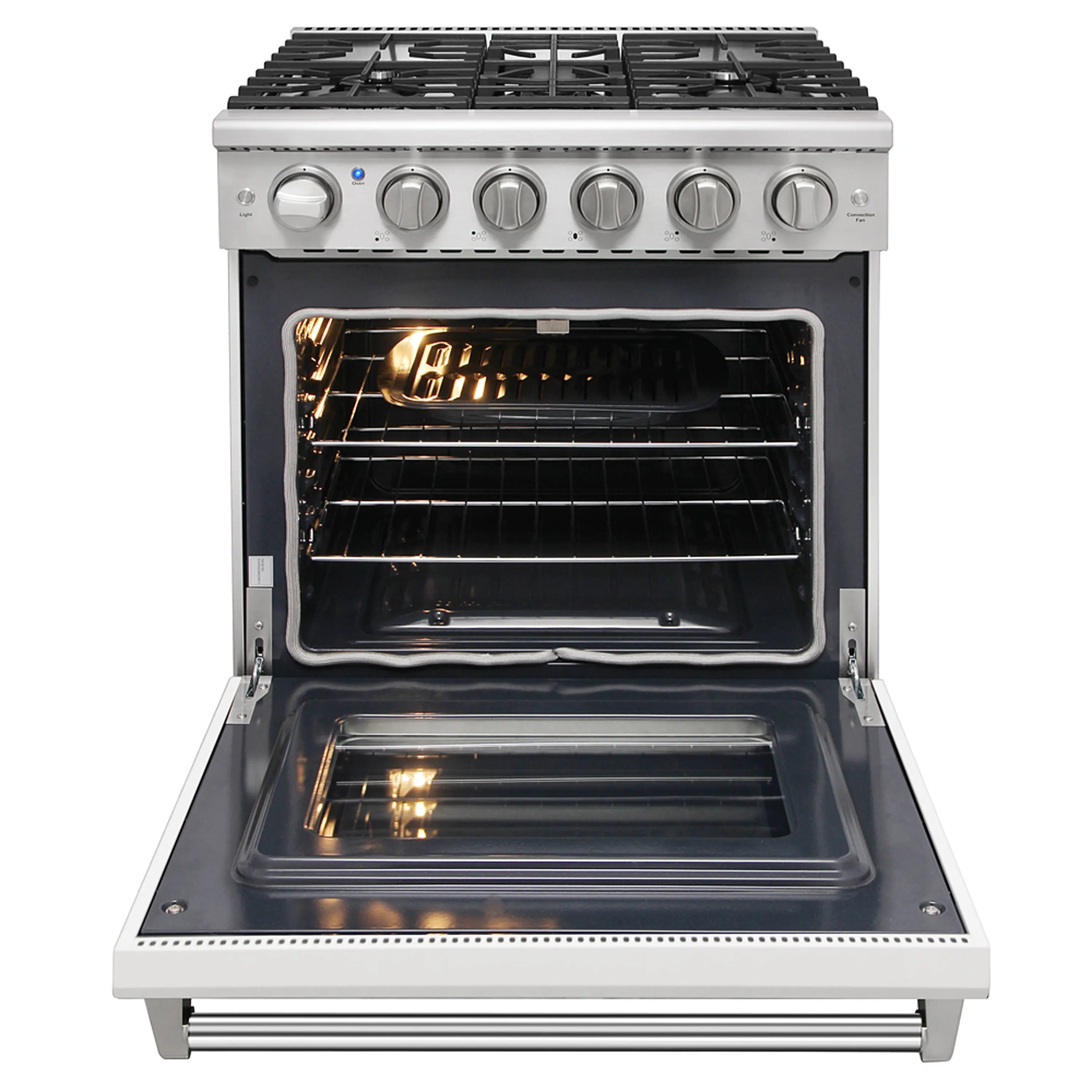 White propane gas range with 5 burners; convection oven door open, interior visible.
