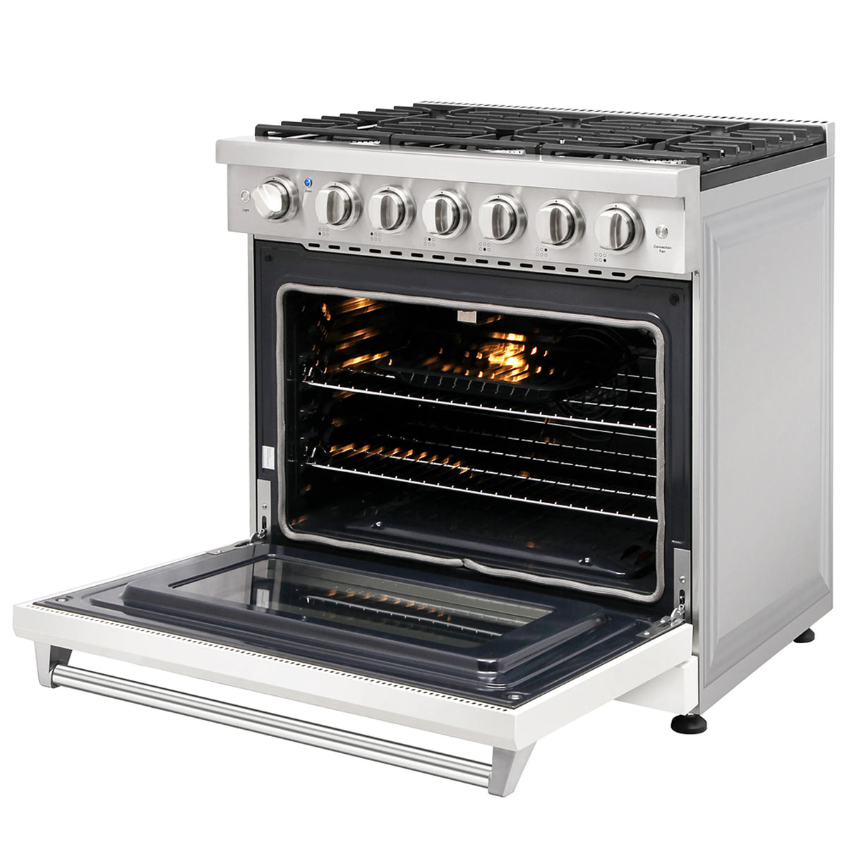 Stainless-and-white propane gas range with open oven door showing oven racks