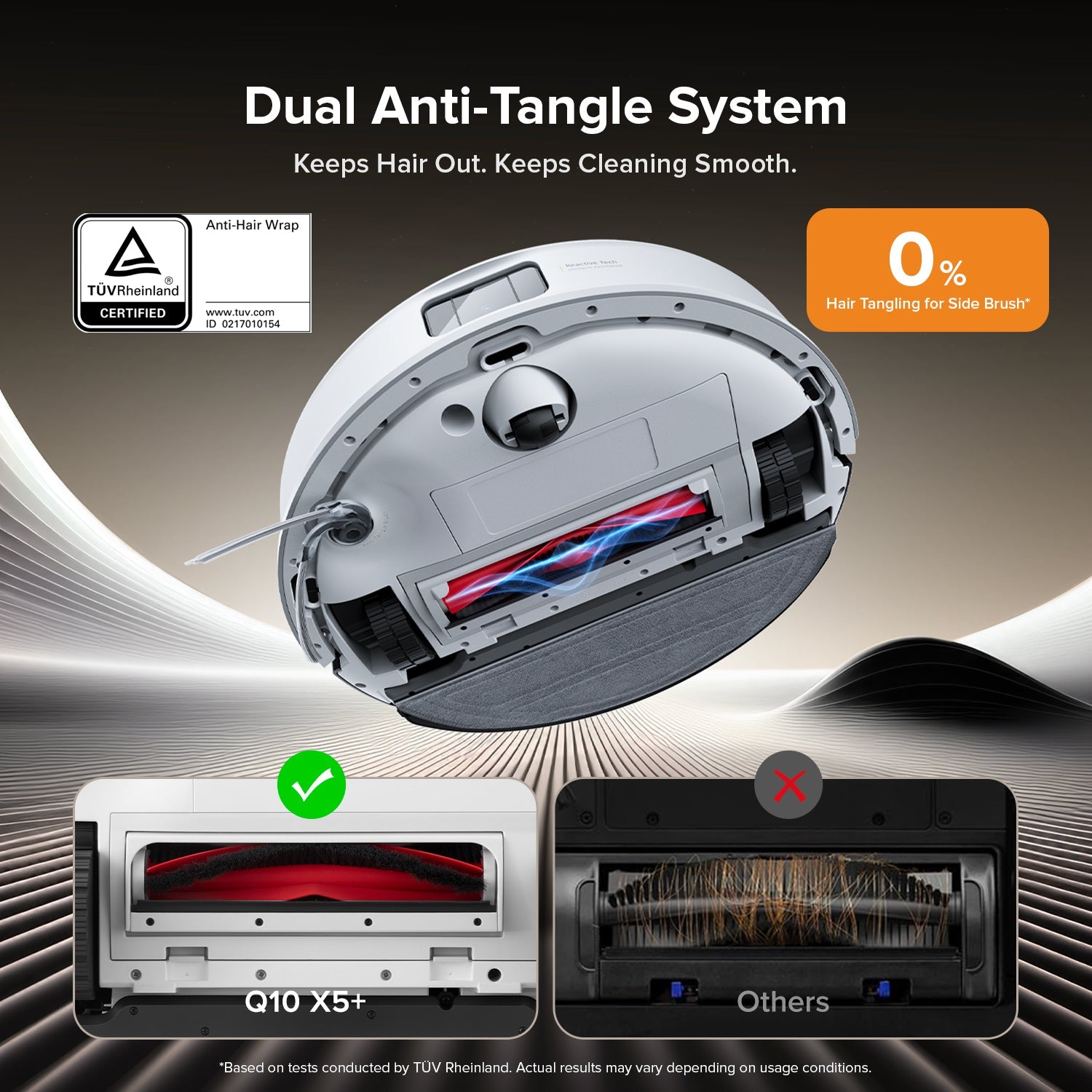 White robot vacuum and mop base with anti-tangle brush and mopping module