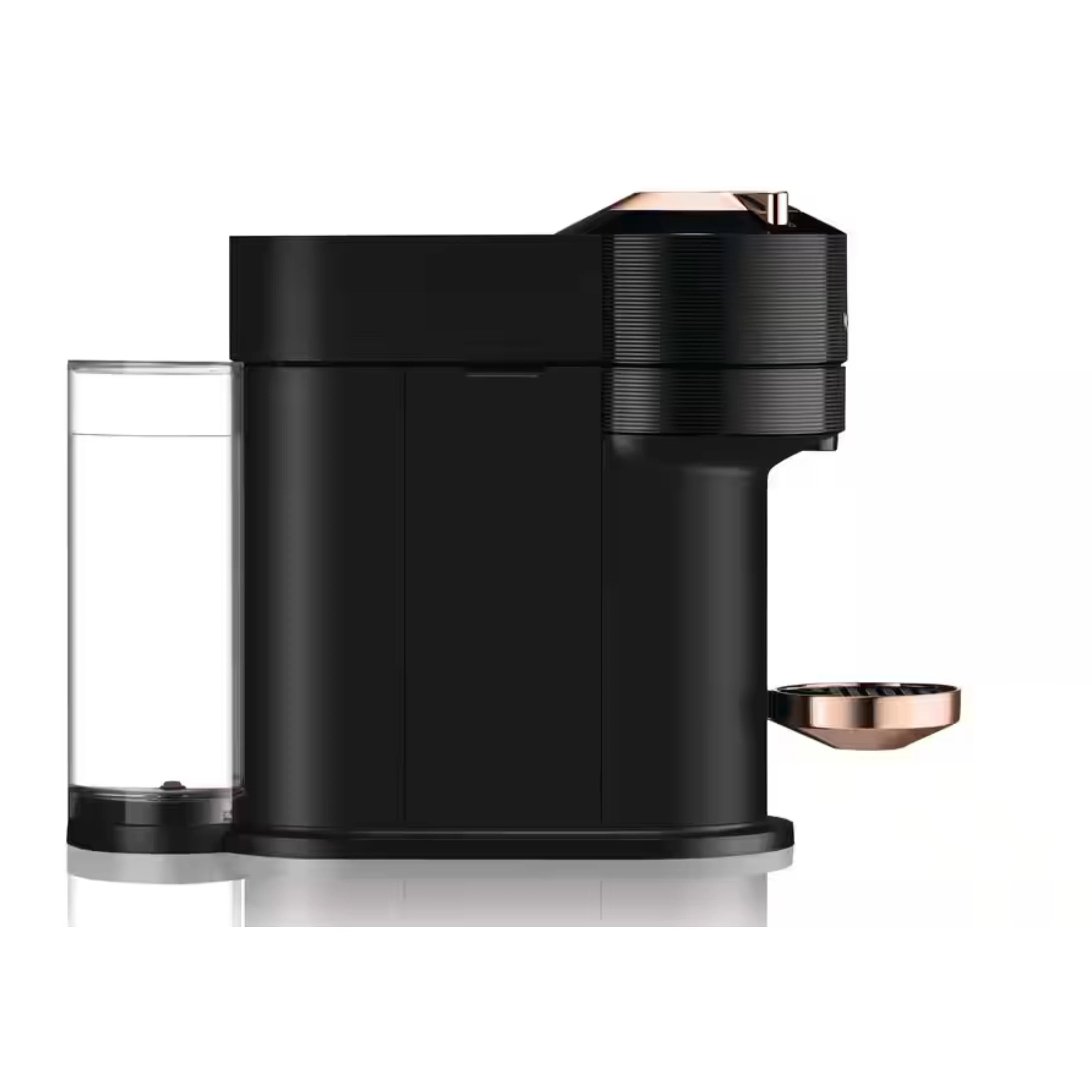 Black coffee machine side view with rose-gold outlet and water reservoir