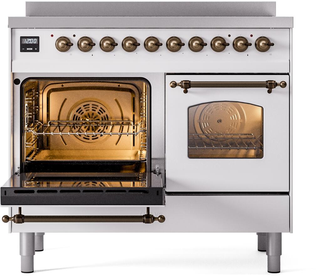 White freestanding induction range with bronze handle, left oven open, right oven closed