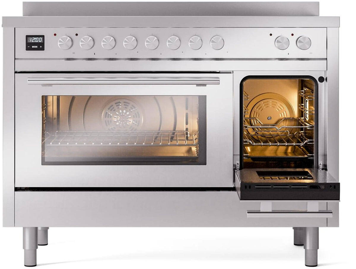 Stainless steel induction range with two ovens, control knobs and glass oven windows