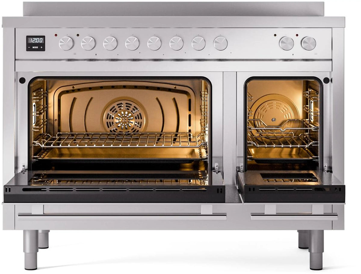 Stainless steel induction range with open main oven and warming/secondary oven