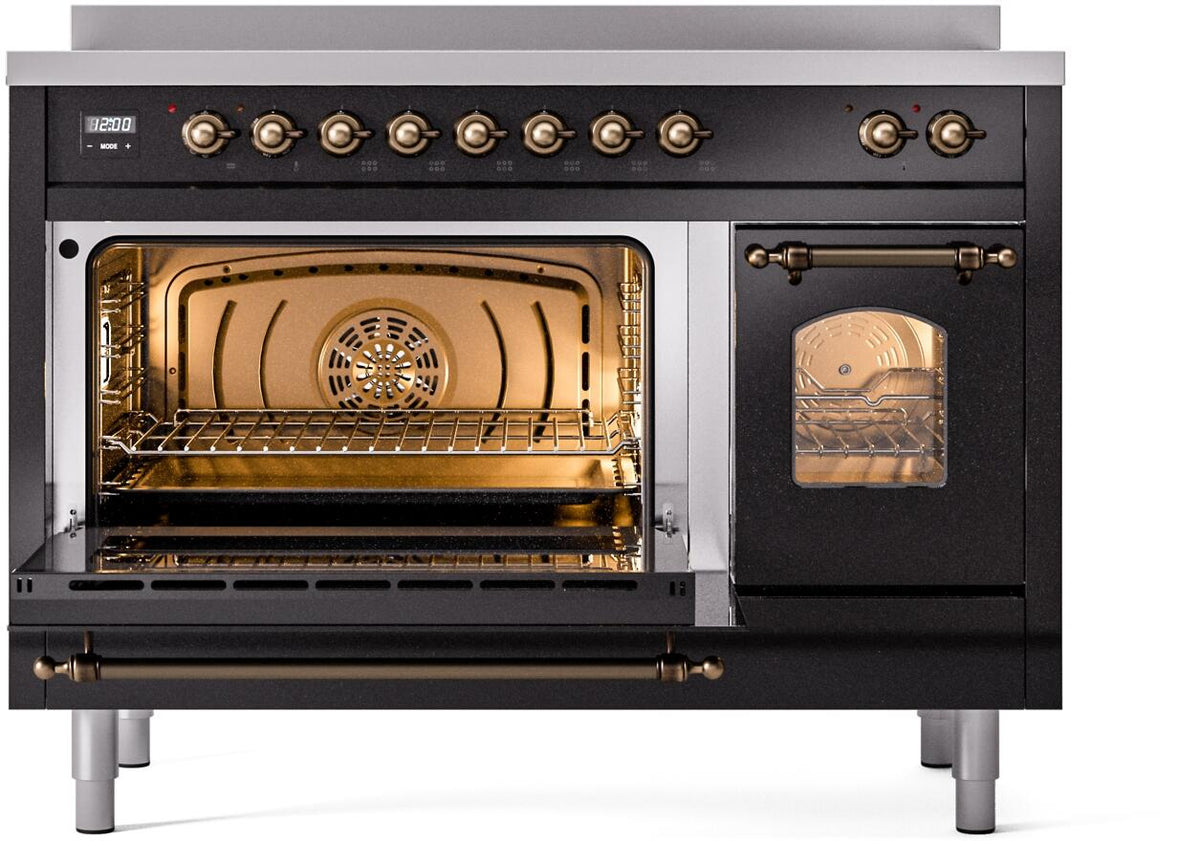 Freestanding range with main oven open and broiler door open, bronze-trim details visible