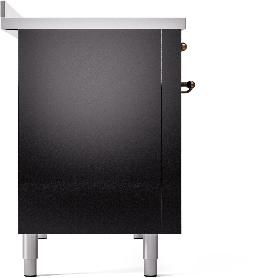Side panel of glossy black freestanding induction range with bronze handle accents