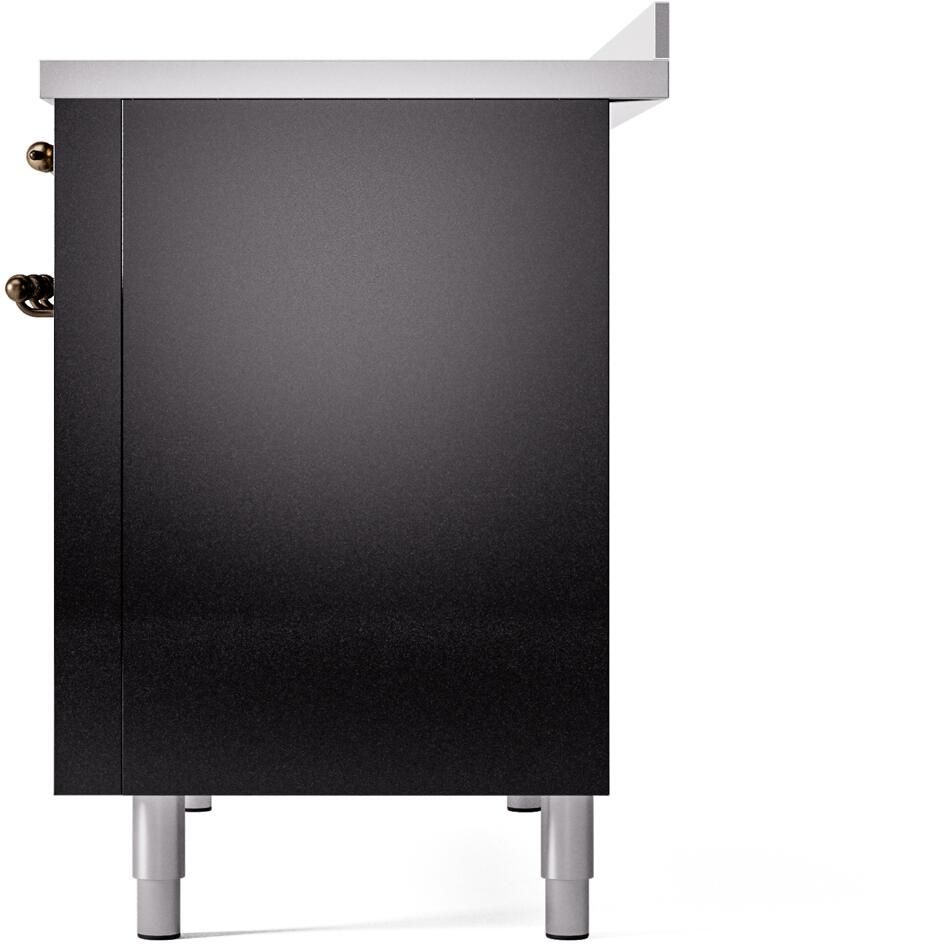 Other side panel of glossy black freestanding induction range with bronze handle accents