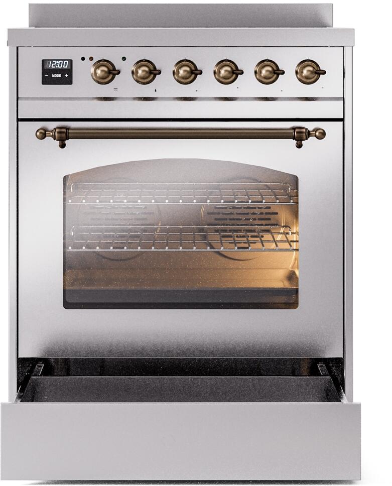 Stainless steel freestanding induction range with bronze-trim oven handle and glass door