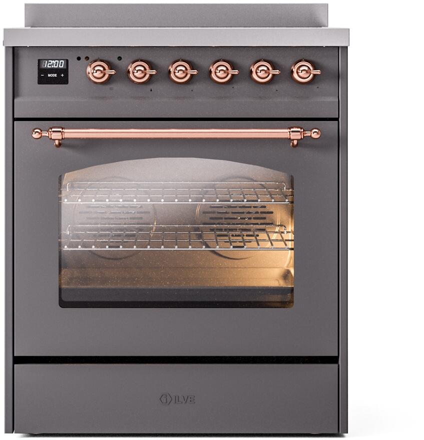 Matte graphite freestanding electric induction range with copper-trimmed oven door and knobs