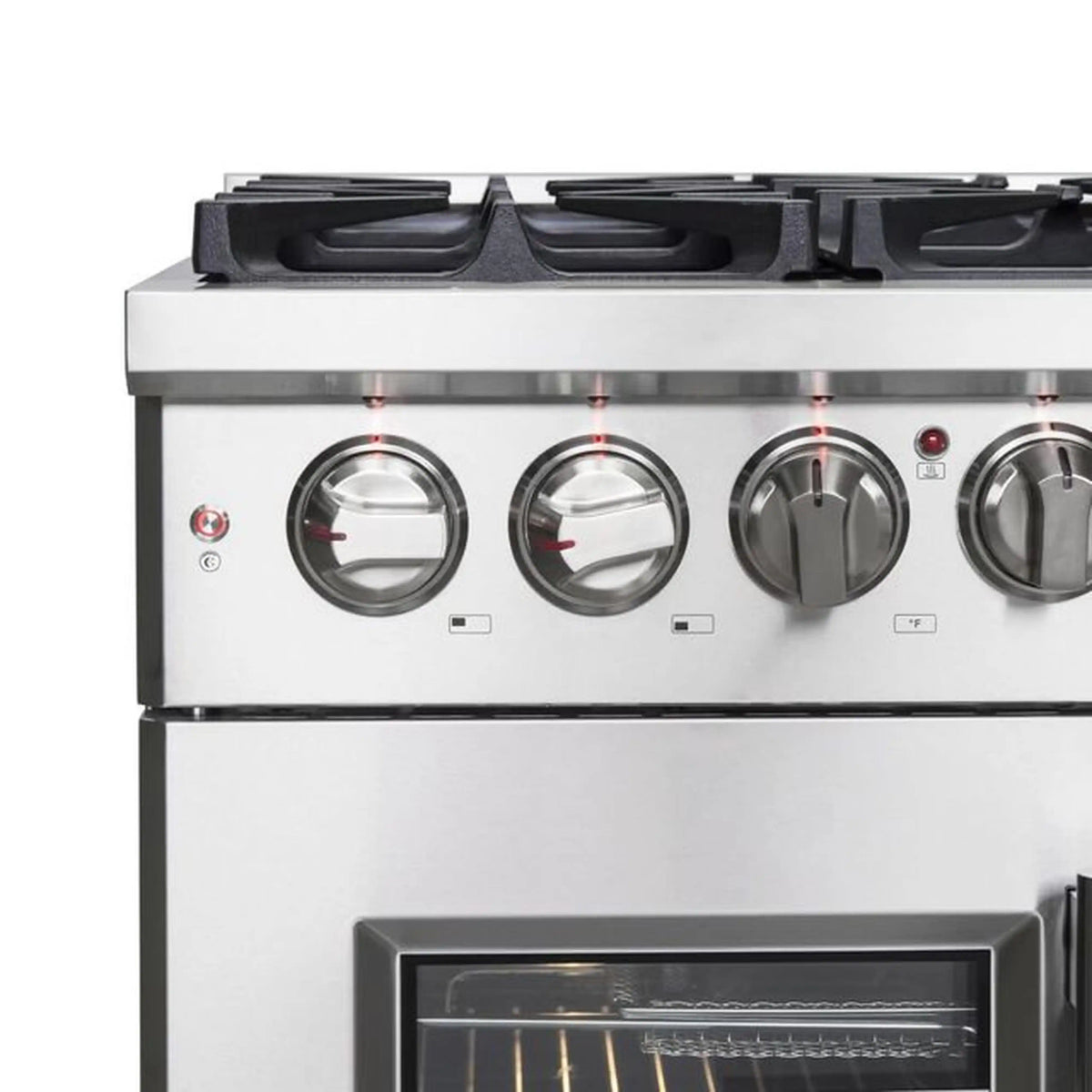 Stainless steel control panel with round knobs and top portion of oven door