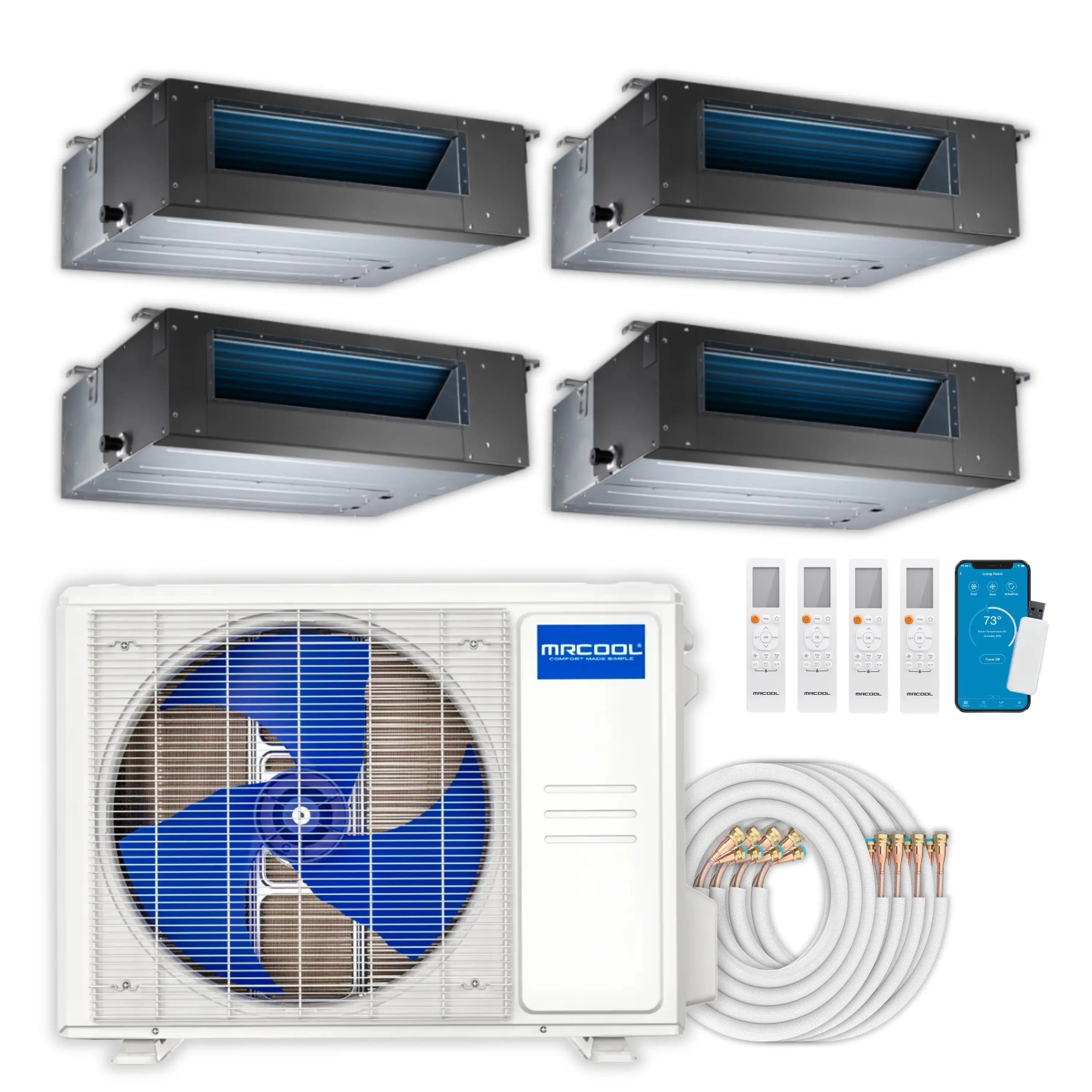 MRCOOL mini split system with four ducted air handlers, outdoor unit, and wiring kit