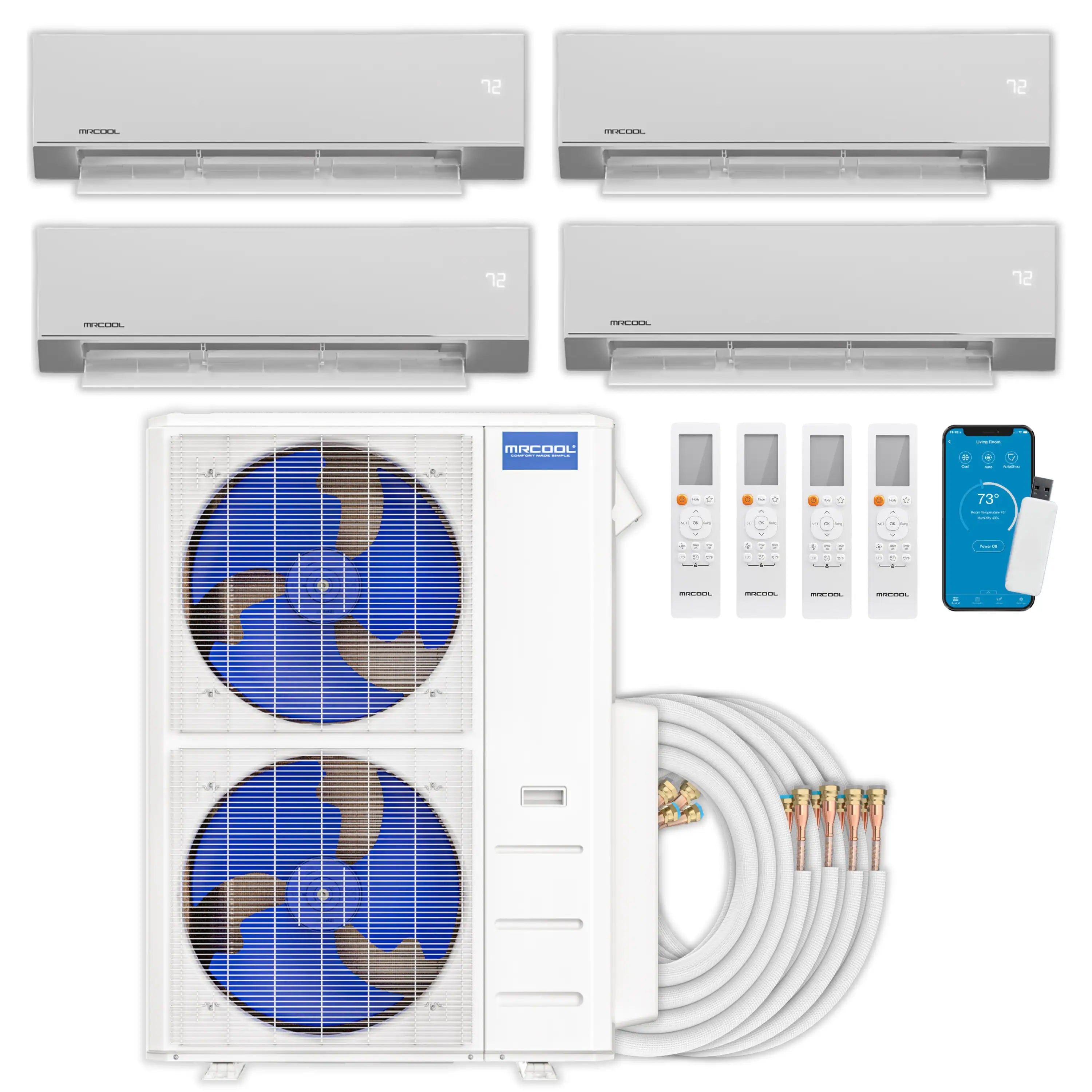 MRCOOL multi-zone mini split kit with four white wall air handlers, outdoor unit and remote