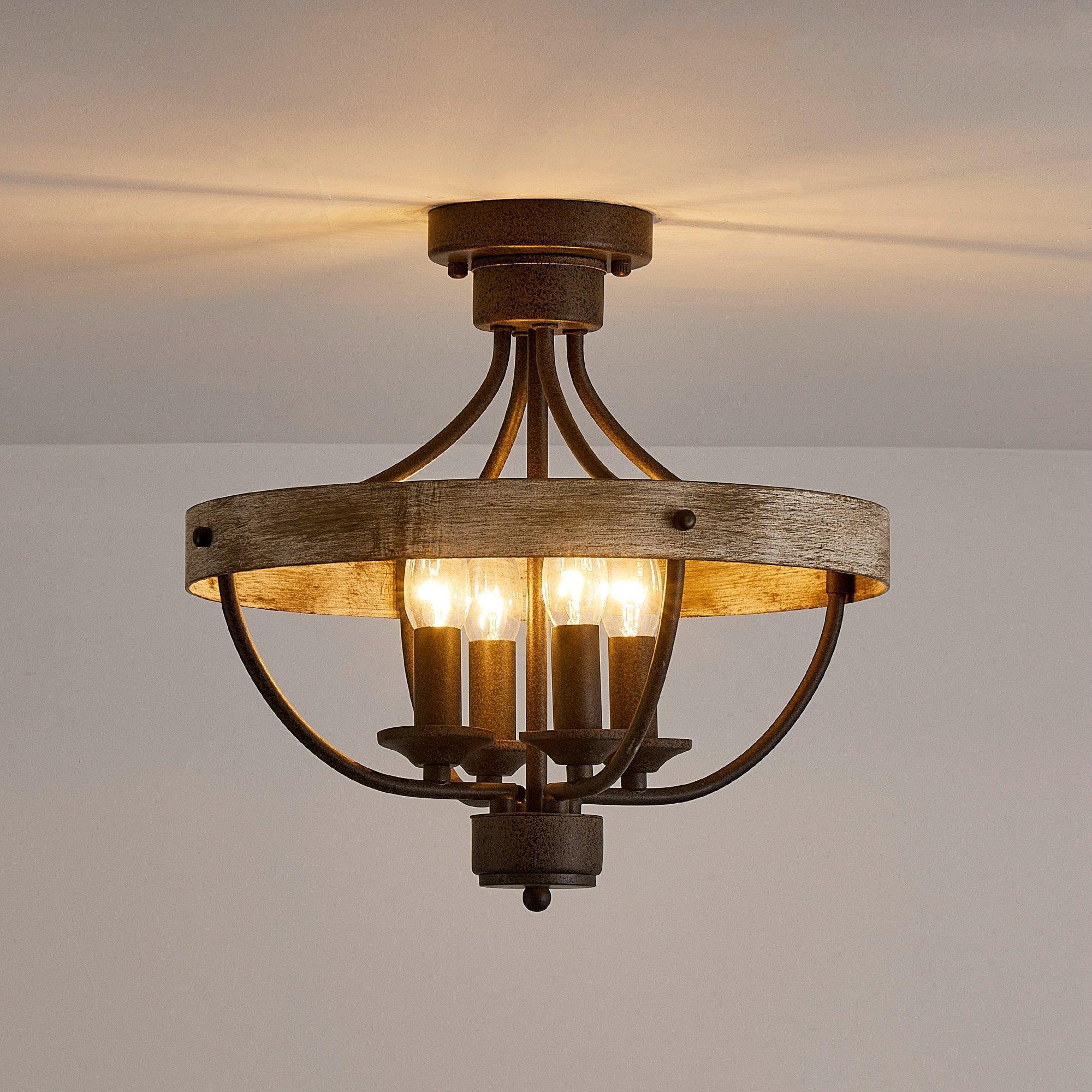 Industrial 4-light ceiling fixture with lit bulbs, brown wood-look ring and black stem