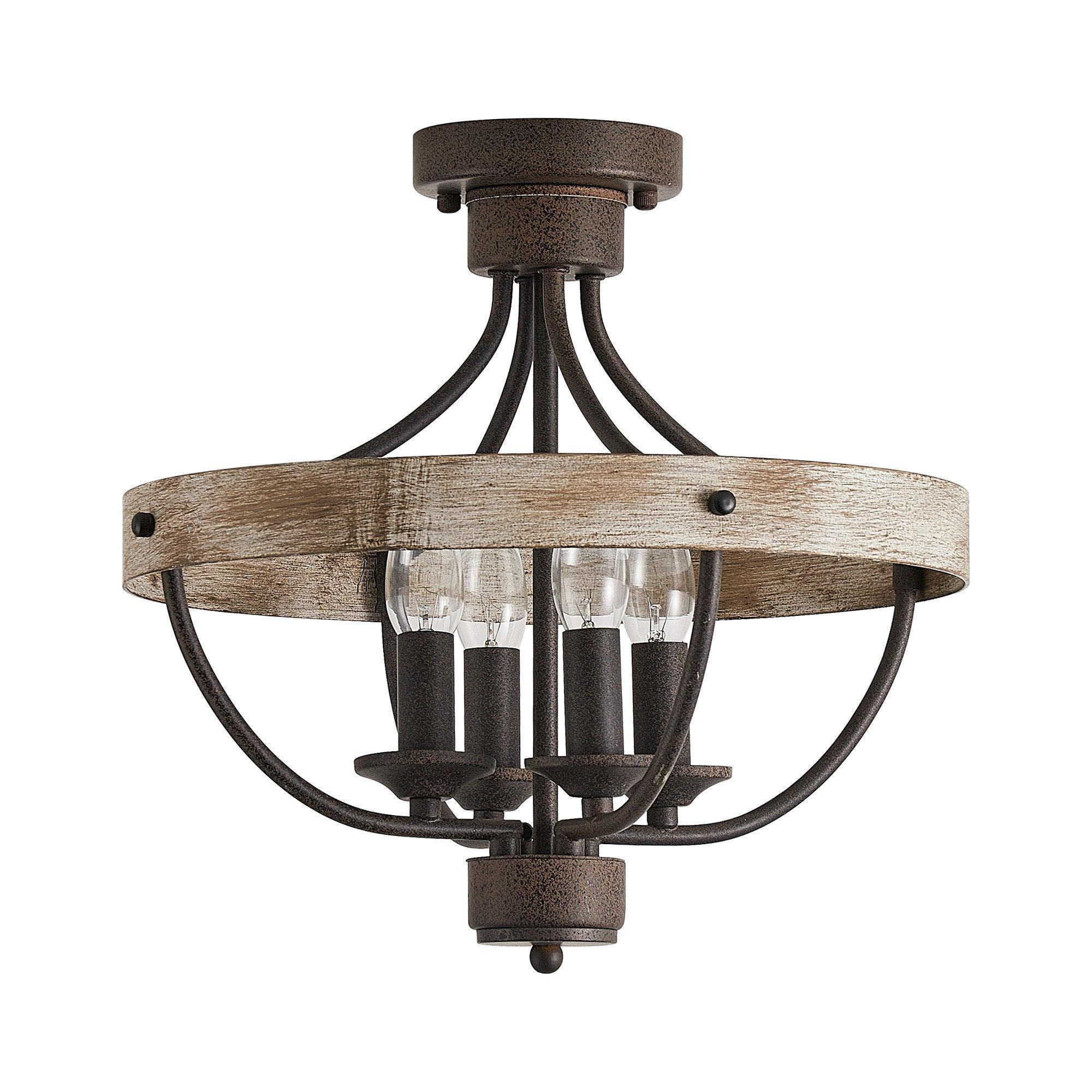 Industrial 4-light ceiling fixture, brown wood-look ring with black metal arms